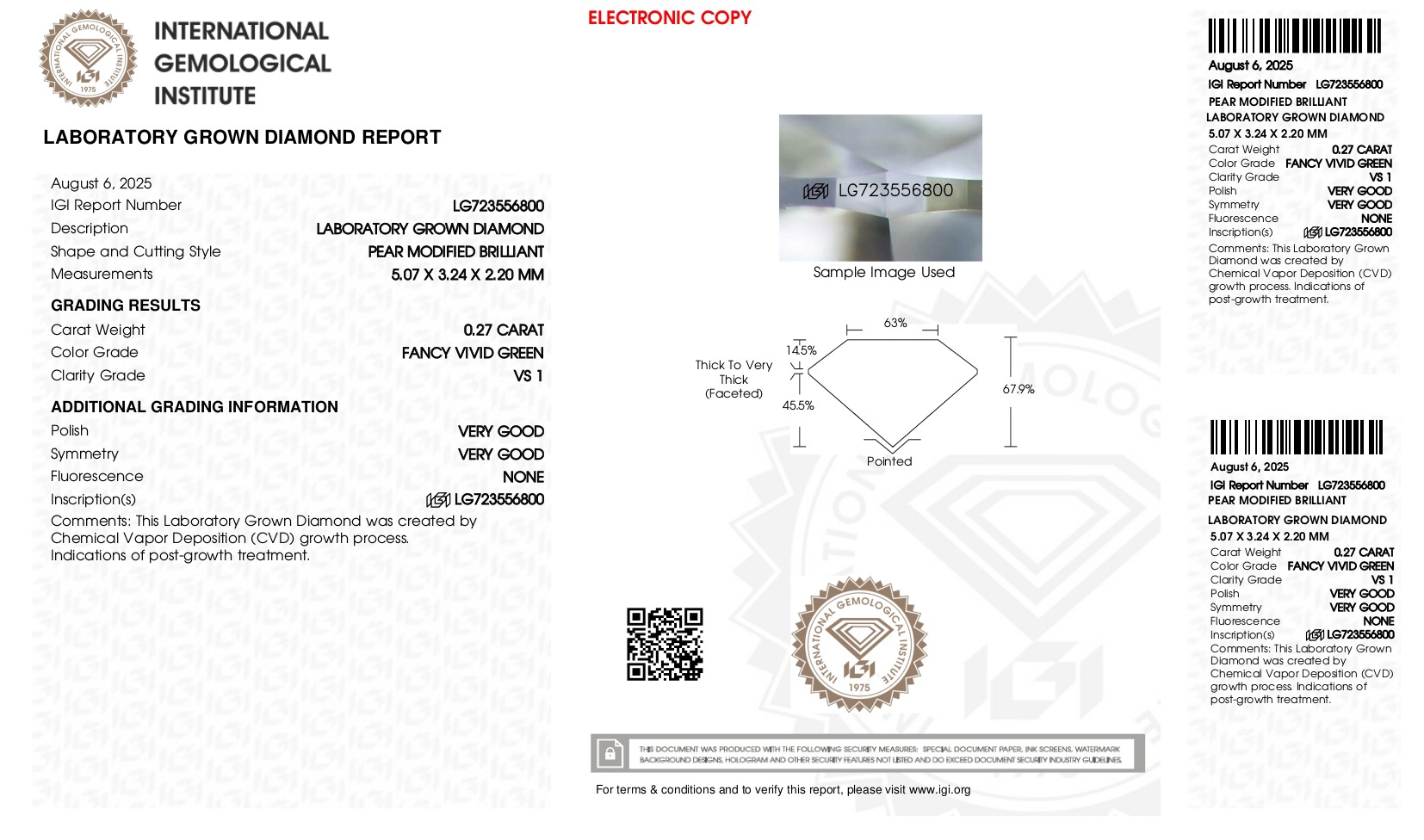 WE SHIP  .27ct Lab Grown FANCY VIVID GREEN Diamond Loose VS1 - IGI CERTIFICATE Case  Government Surplus Auction - Photo #3