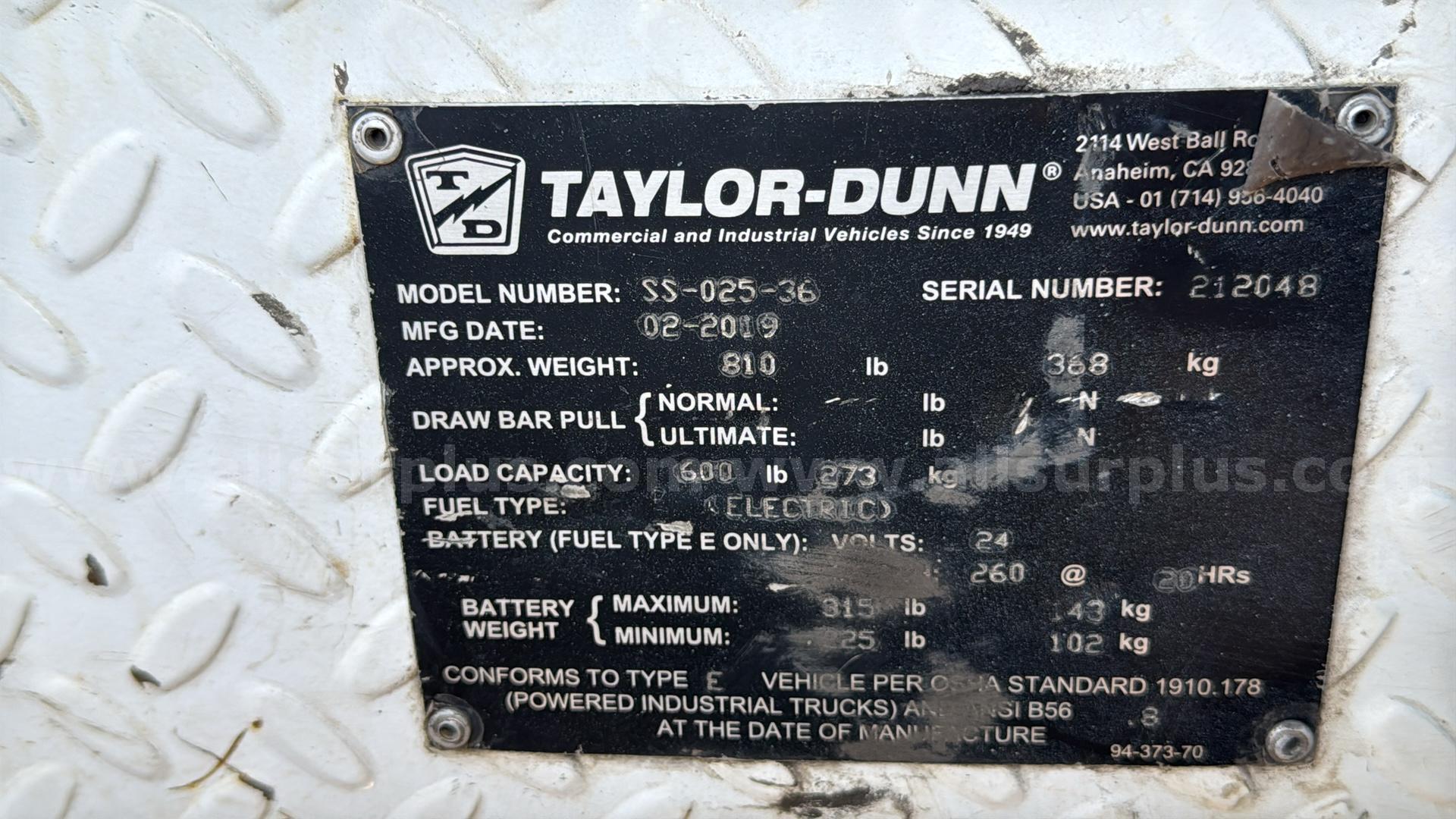 2019 Taylor-Dunn SS-025-36 Electric Utility Cart  025 Government Surplus Auction - Photo #3