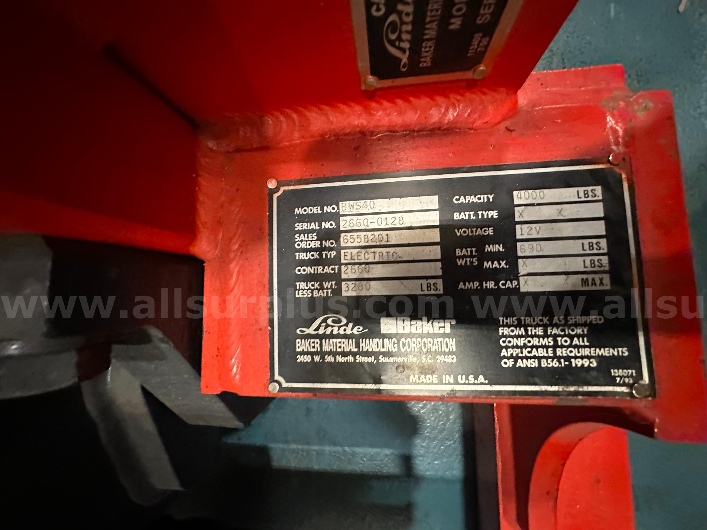 Linde Baker BWS40 Forklift   Government Surplus Auction - Photo #3