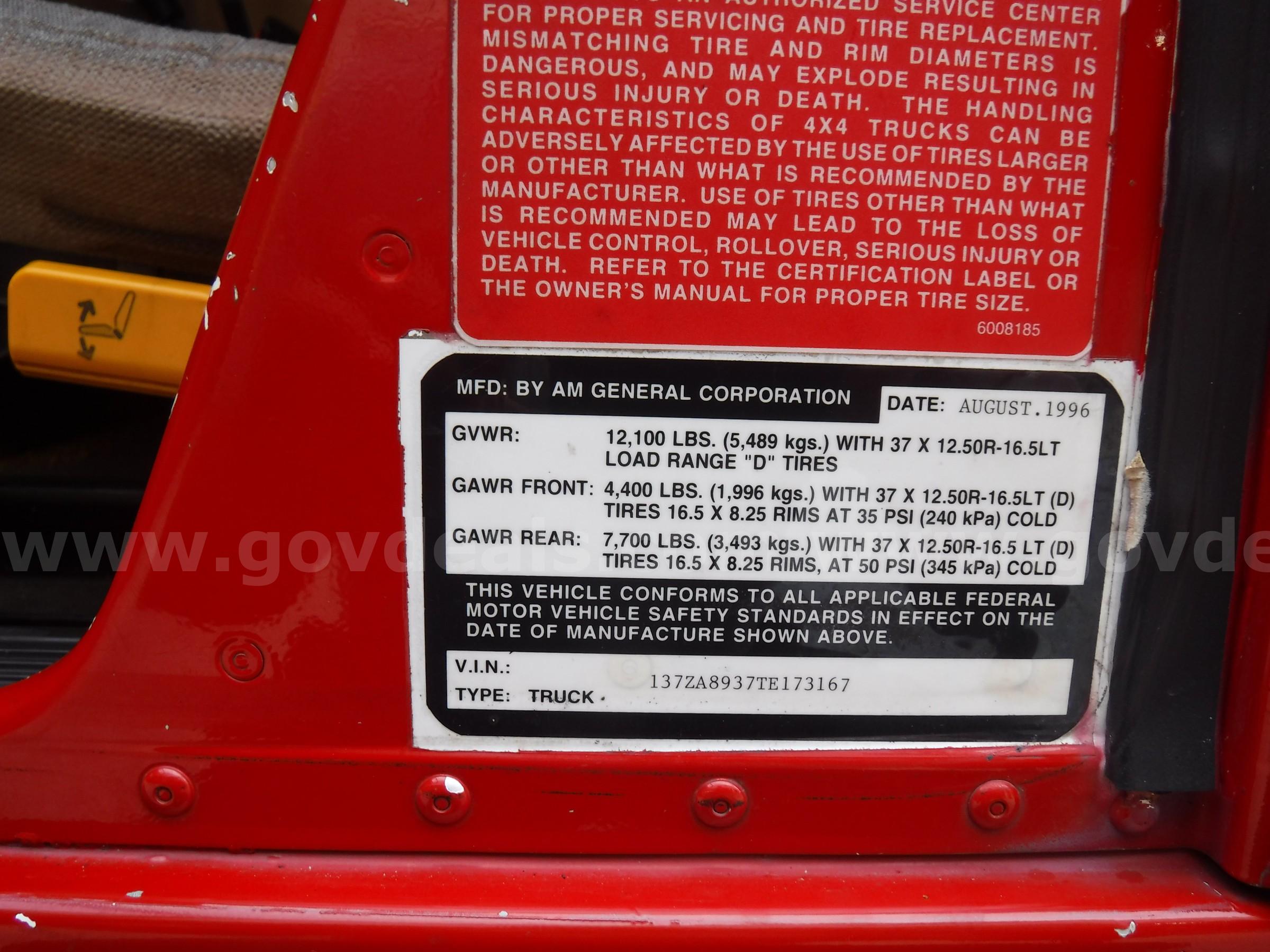 1996 AM General Hummer Brush Fire Truck AM General Hummer Government Surplus Auction - Photo #6