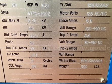 (5) Westinghouse VCP-W Breakers Westinghouse 3776AII602 Government Surplus Auction - Photo #2
