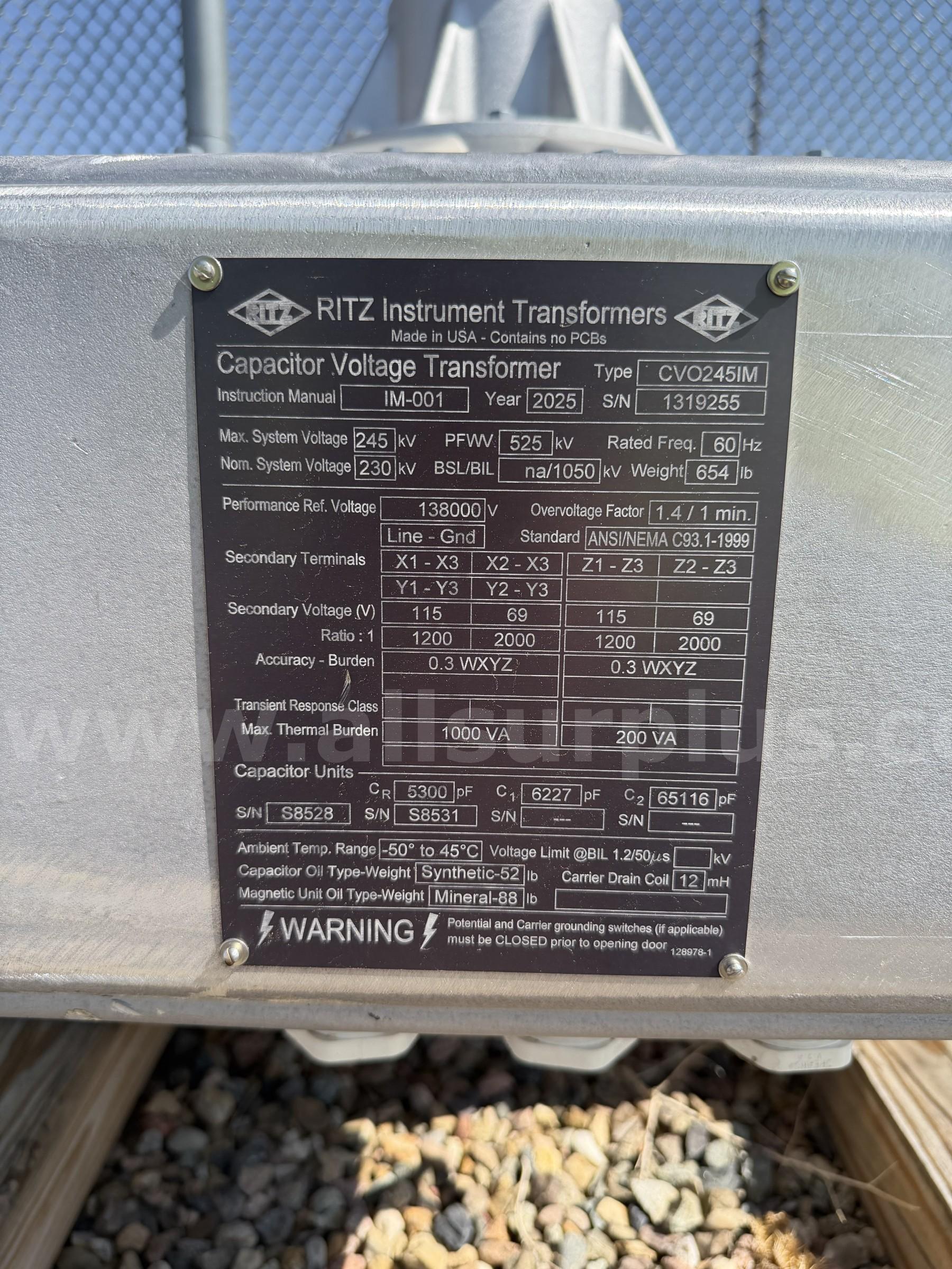Capacitor Voltage Transformers & Switches, 230/245kV, Unused, Qty 7 RITZ/Royal 230 Government Surplus Auction - Photo #2
