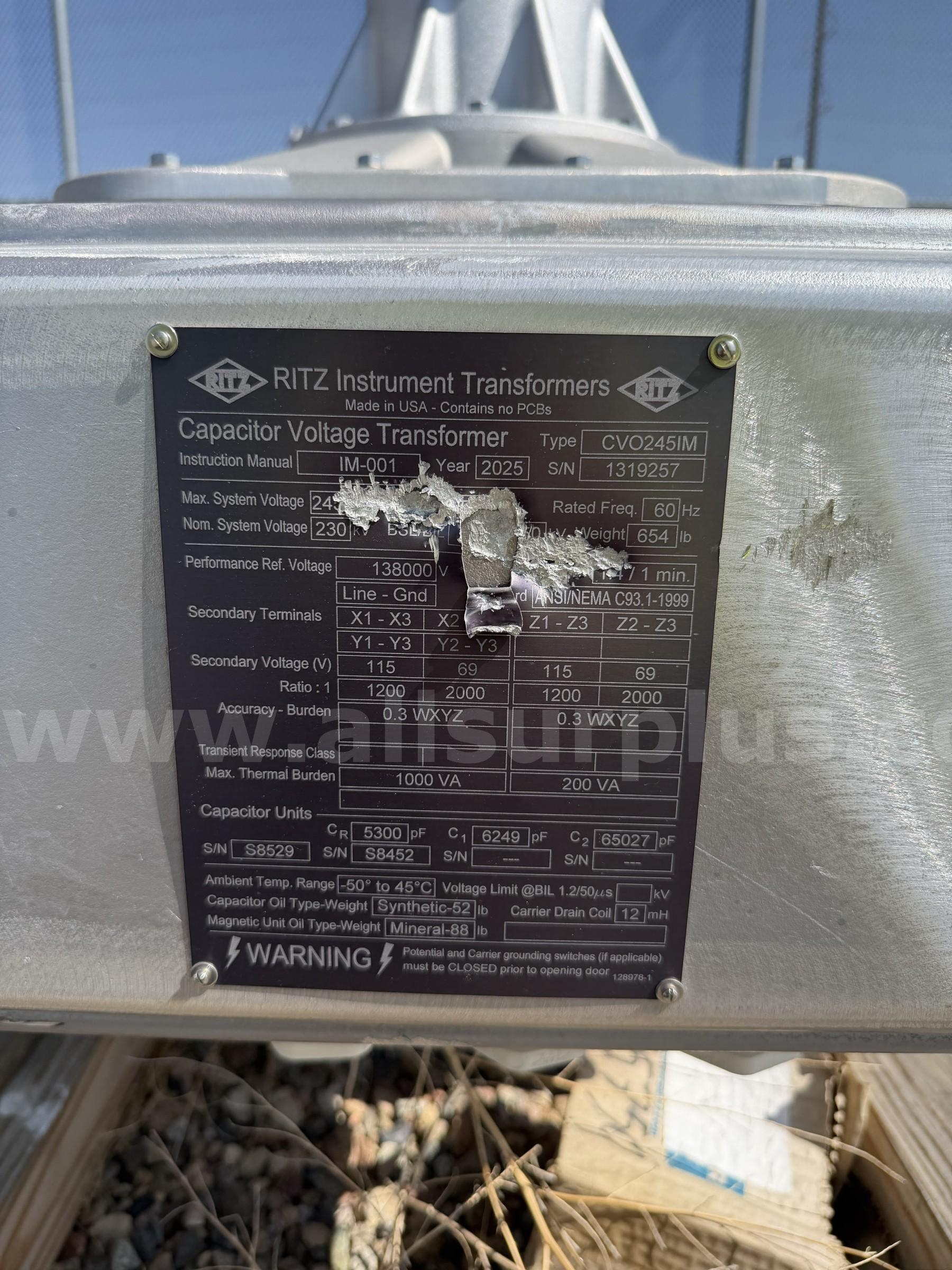 Capacitor Voltage Transformers & Switches, 230/245kV, Unused, Qty 7 RITZ/Royal 230 Government Surplus Auction - Photo #4