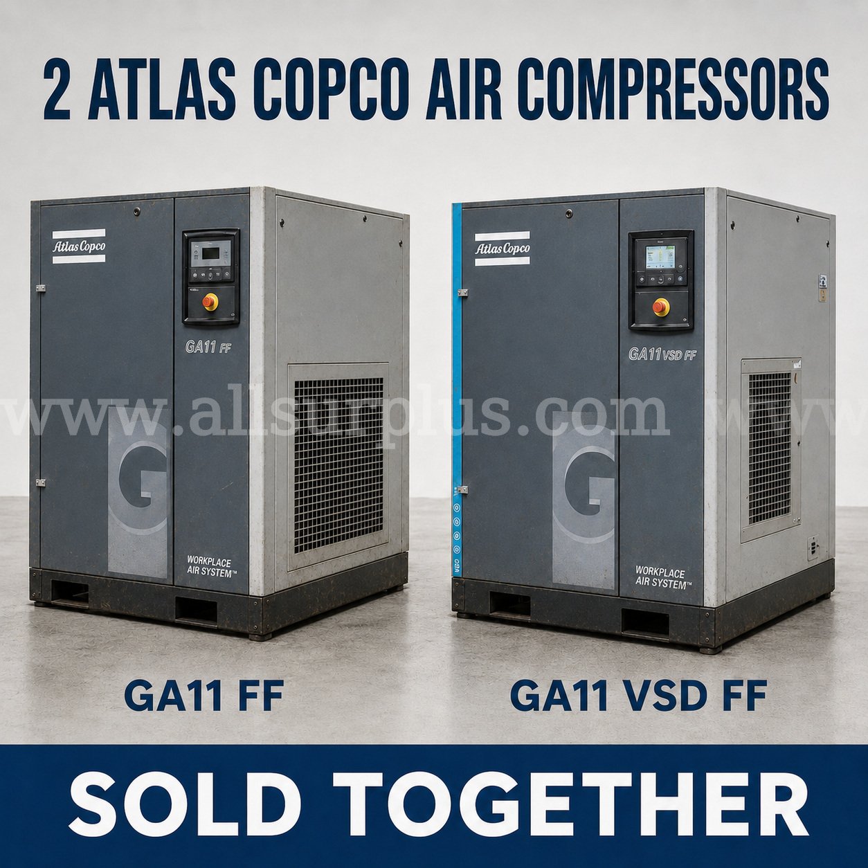 Atlas Copco GA11 FF & GA11 VSD FF Rotary Screw Air Compressors – Industrial Grade Atlas Copco  Government Surplus Auction - Primary Photo