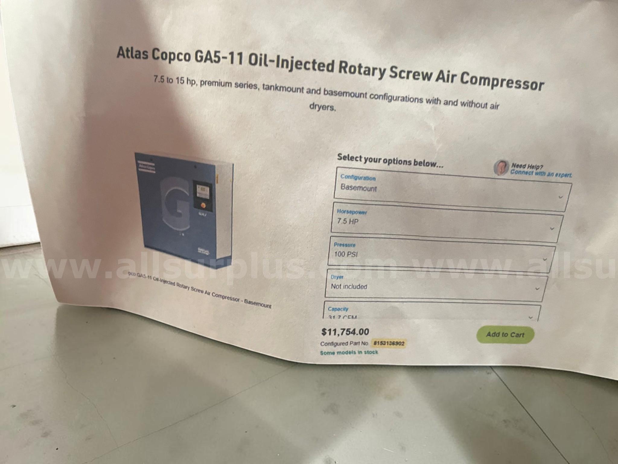 Atlas Copco GA11 FF & GA11 VSD FF Rotary Screw Air Compressors – Industrial Grade Atlas Copco  Government Surplus Auction - Photo #4
