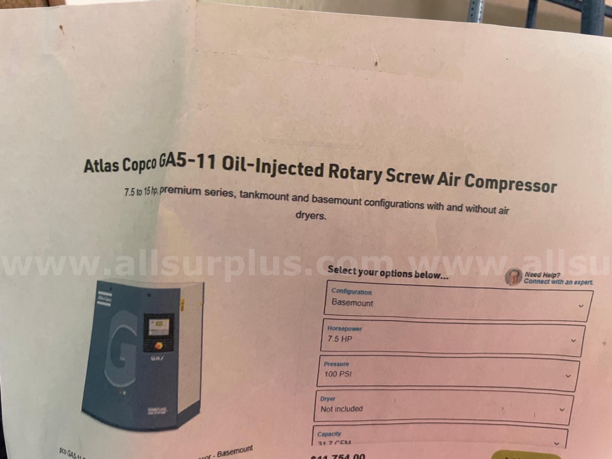 Atlas Copco GA11 FF & GA11 VSD FF Rotary Screw Air Compressors – Industrial Grade Atlas Copco  Government Surplus Auction - Photo #6