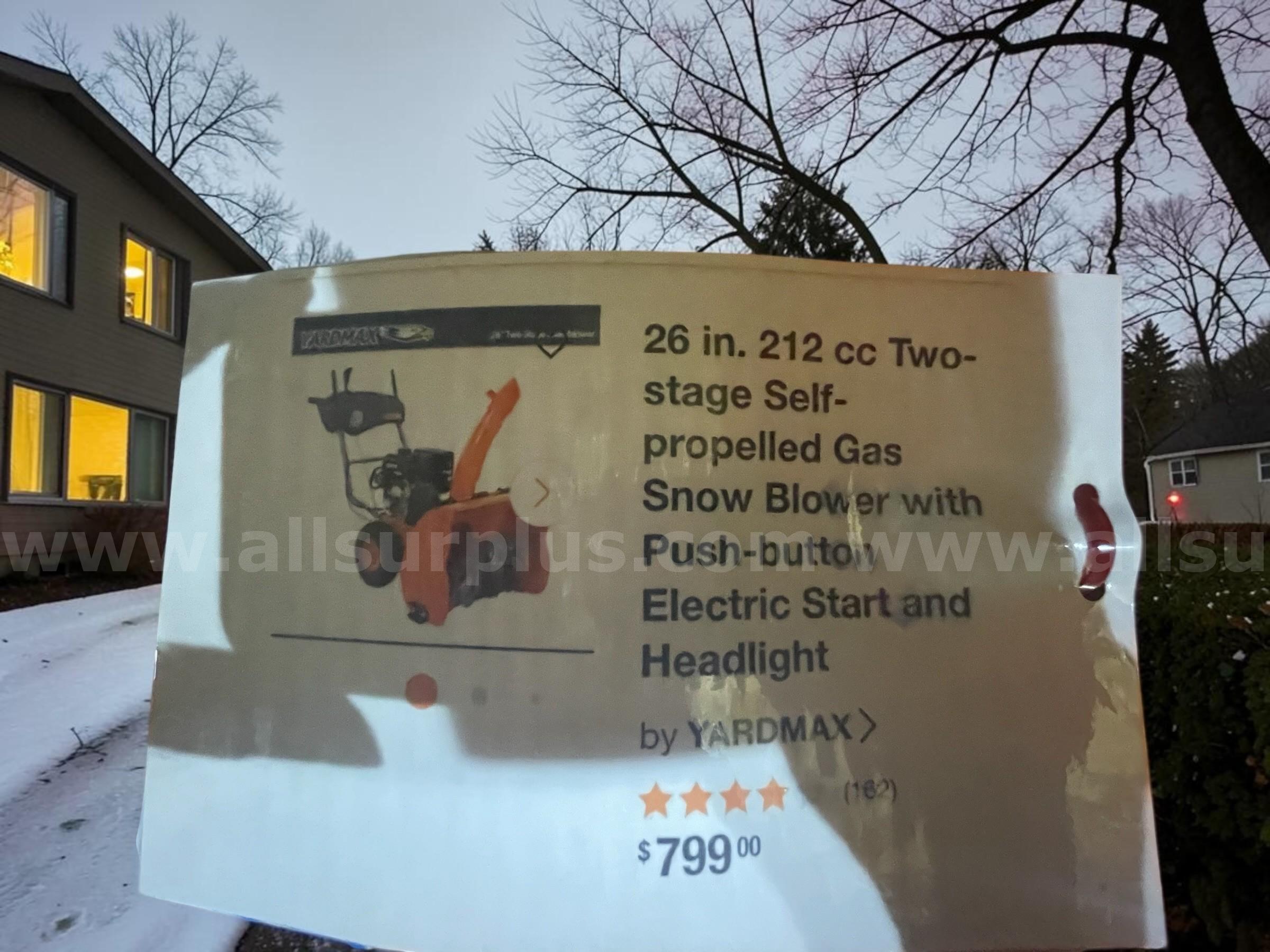 26" 212cc TWO-STAGE SELF-PROPELLED GAS SNOW BLOWER (ELECTRIC START + HEADLIGHT)  212cc Government Surplus Auction - Photo #6