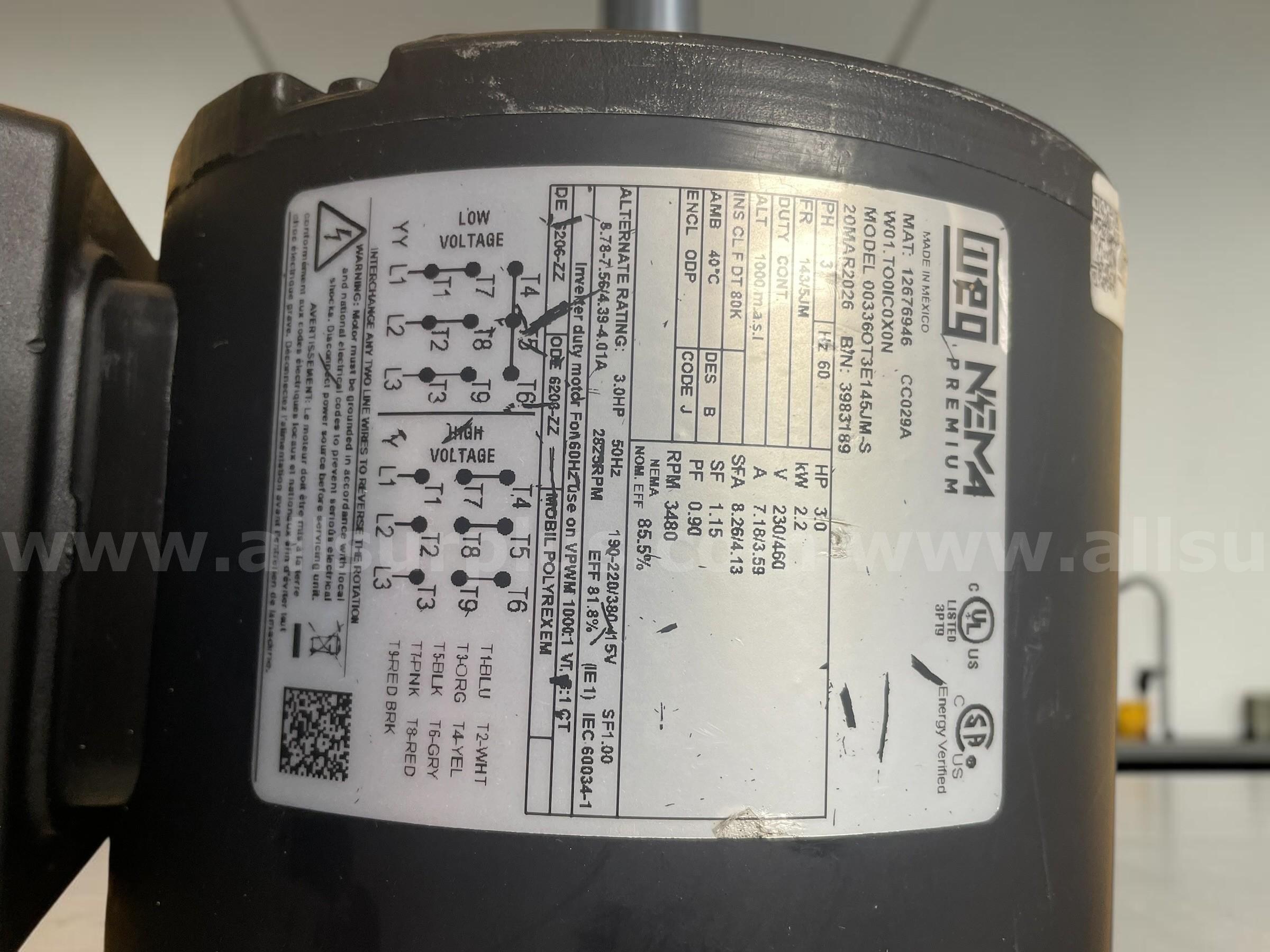 WEG 3 HP Three Phase Close-Coupled Pump Motor – Model 00336OT3E145JM-S WEG  Government Surplus Auction - Photo #5
