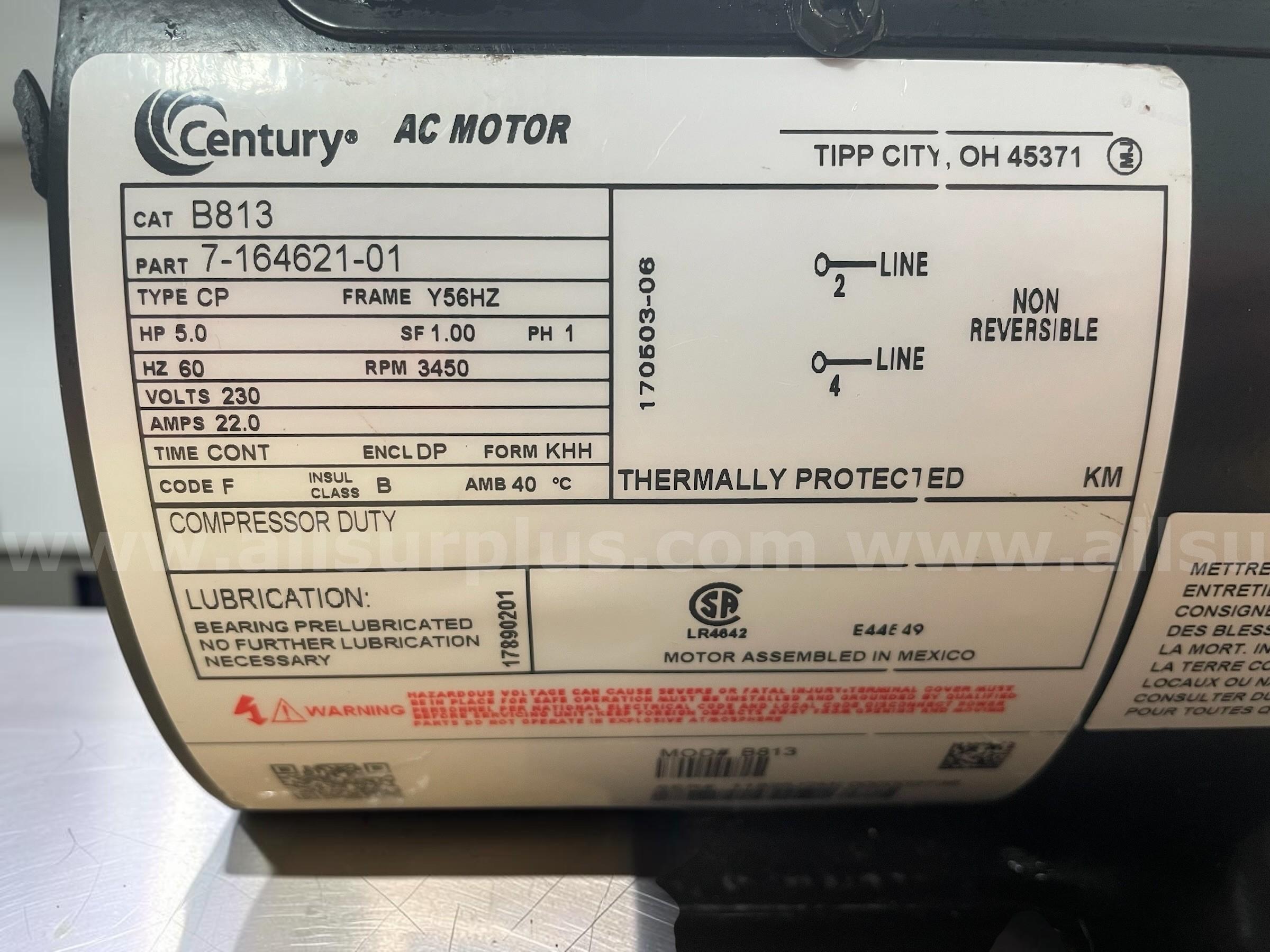 Century B813 5HP Air Compressor Motor – 230V Single Phase – 3450 RPM – New  B813 Government Surplus Auction - Photo #5
