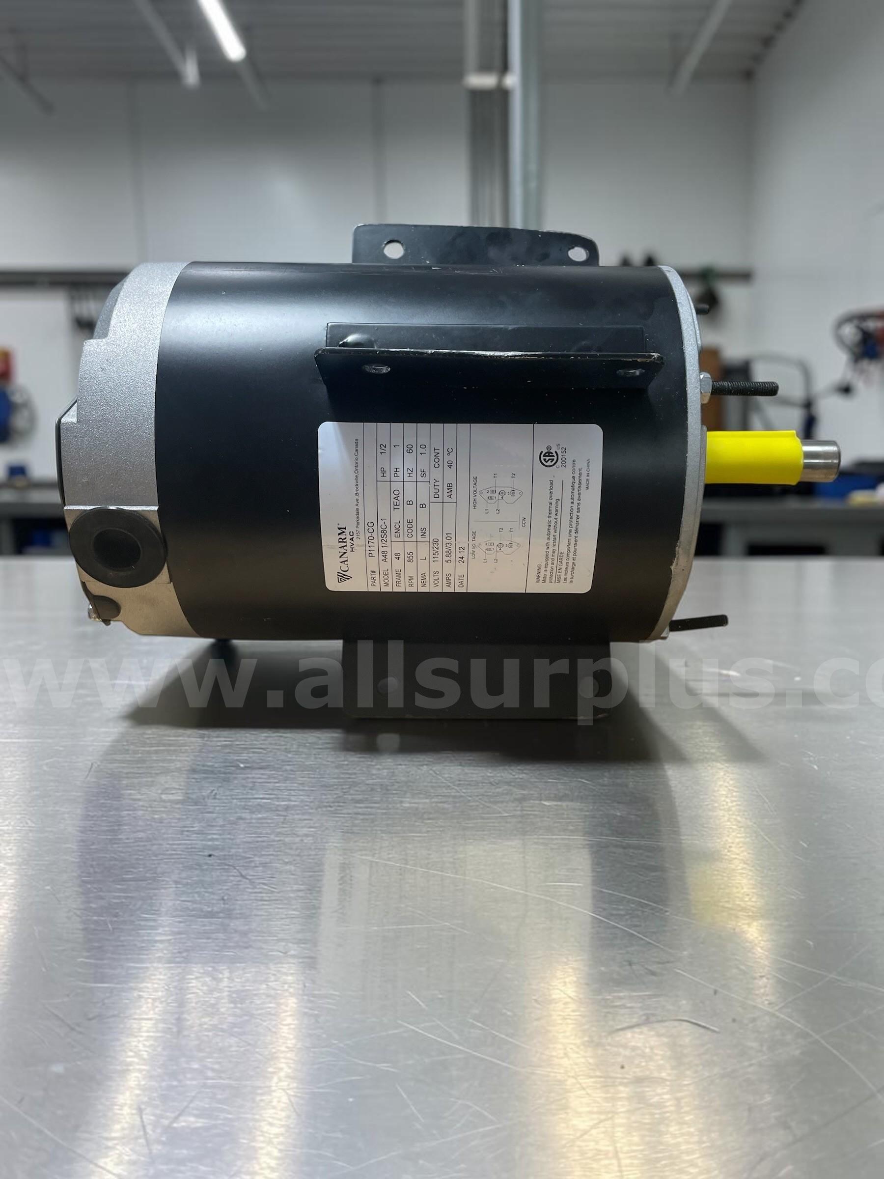 Canarm P1170CG (often listed as R-P1170-CG) replacement motor used on certain Canarm shutter-mounted exhaust fans.  P1170CG Government Surplus Auction - Primary Photo
