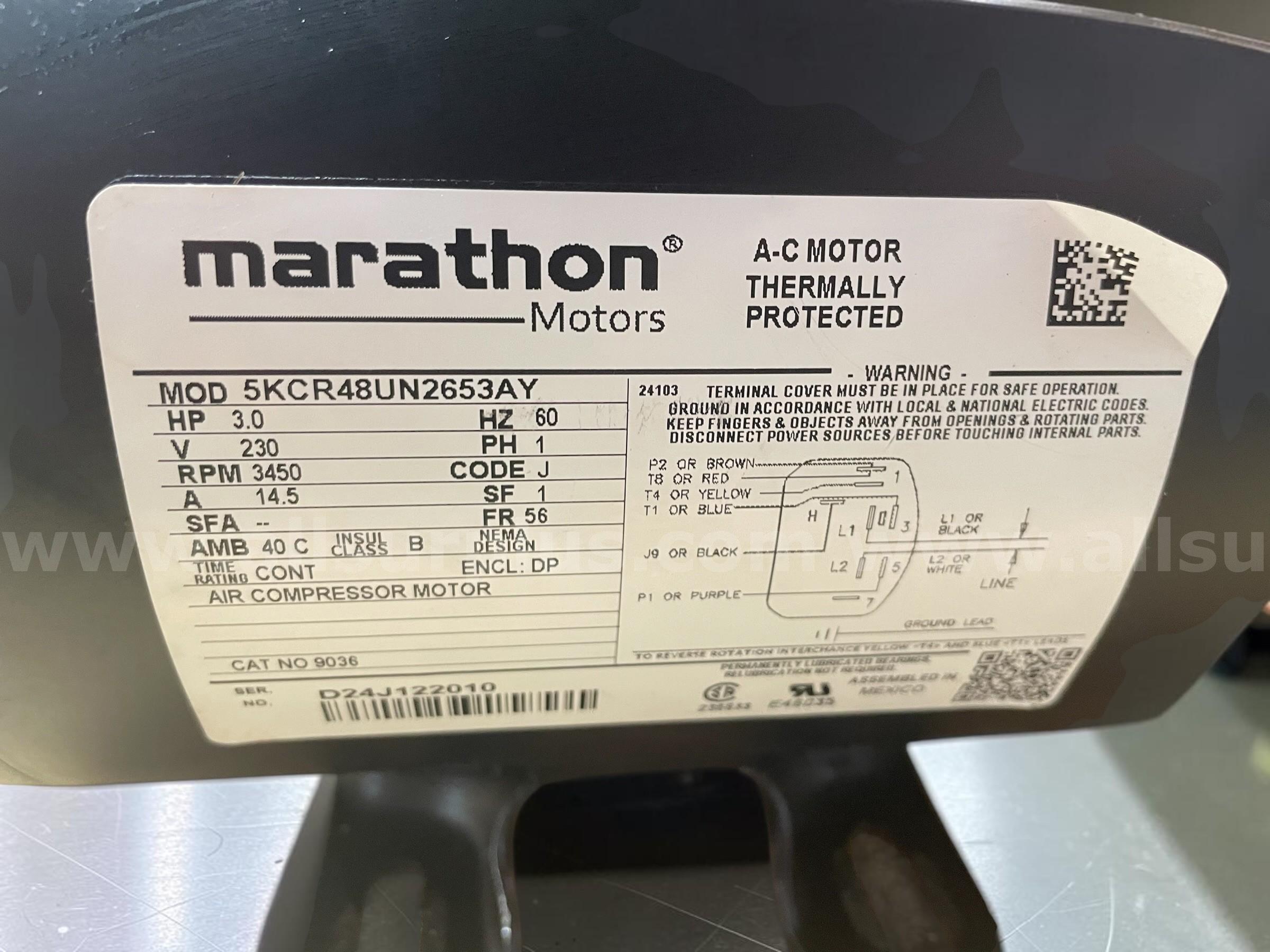 Marathon 5KCR48UN2653AY (also sold under Marathon part 9036)  heavy-duty air compressor electric motor.  9036 Government Surplus Auction - Photo #5