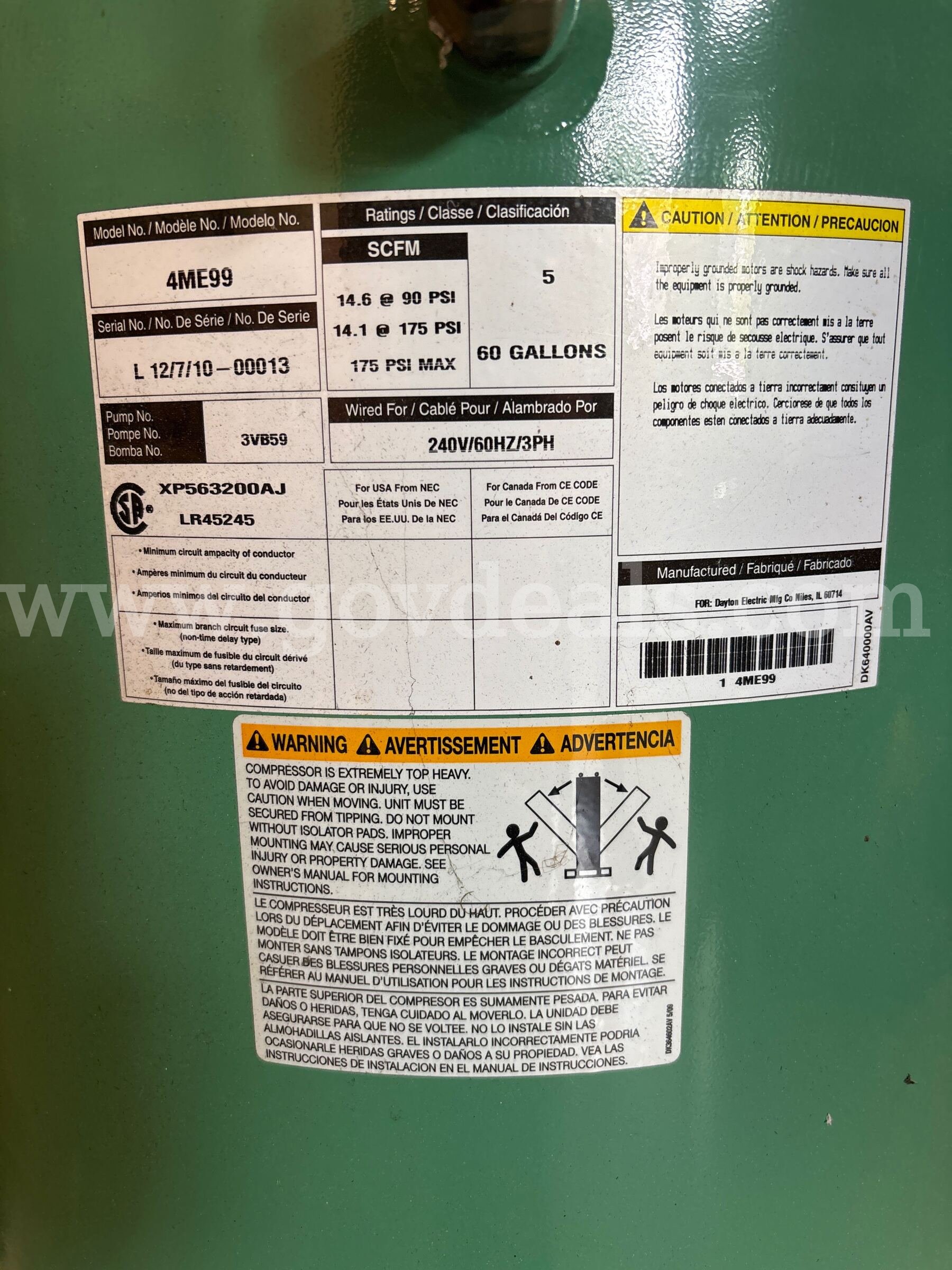 Speedaire 3-Phase Air Compressor Speedaire 4ME99 Government Surplus Auction - Photo #3