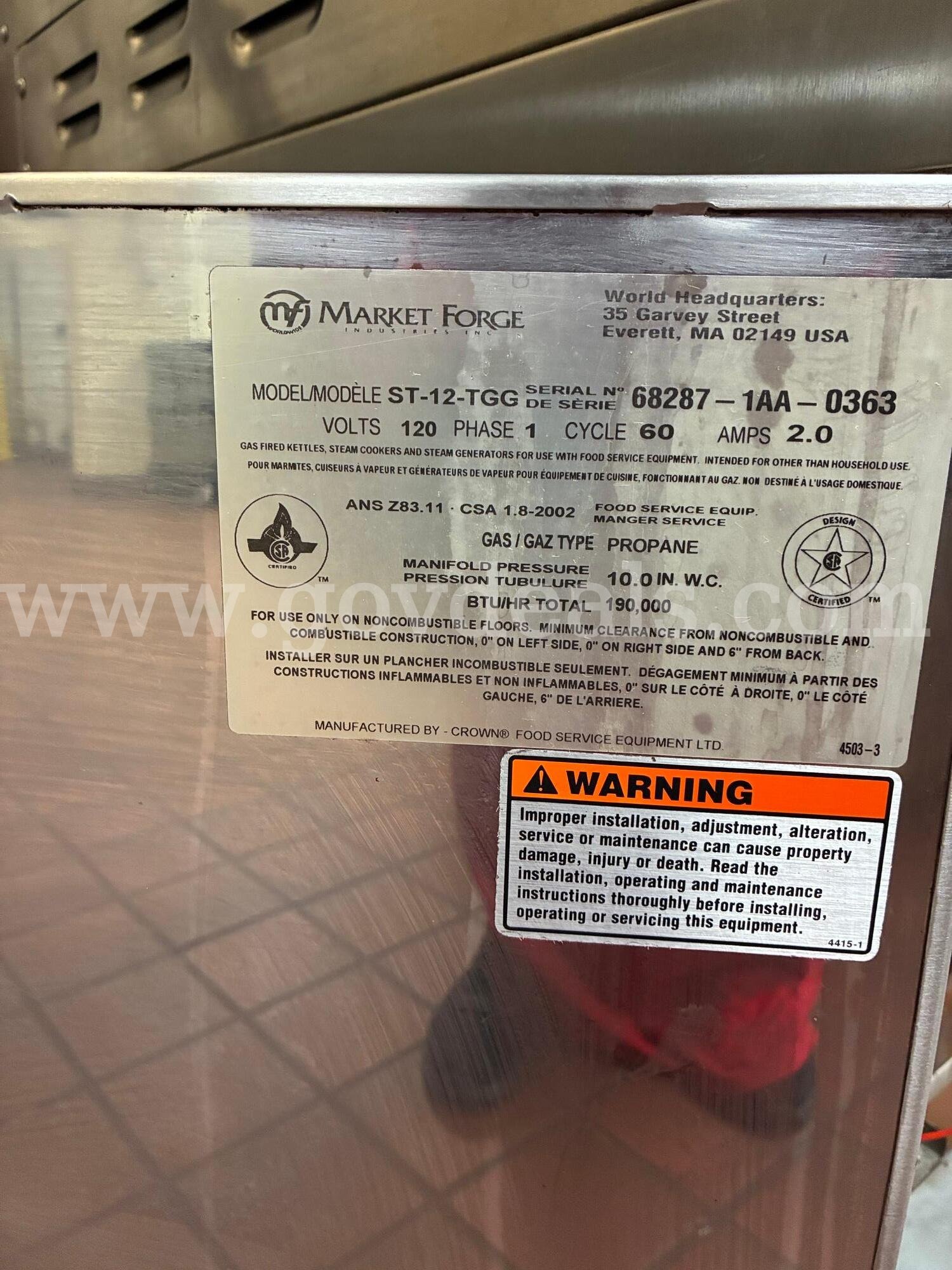 Commercial Steam Cooker *NATURAL GAS*/ FOR PARTS ONLY Market Forge ST-12-TGG Government Surplus Auction - Photo #5