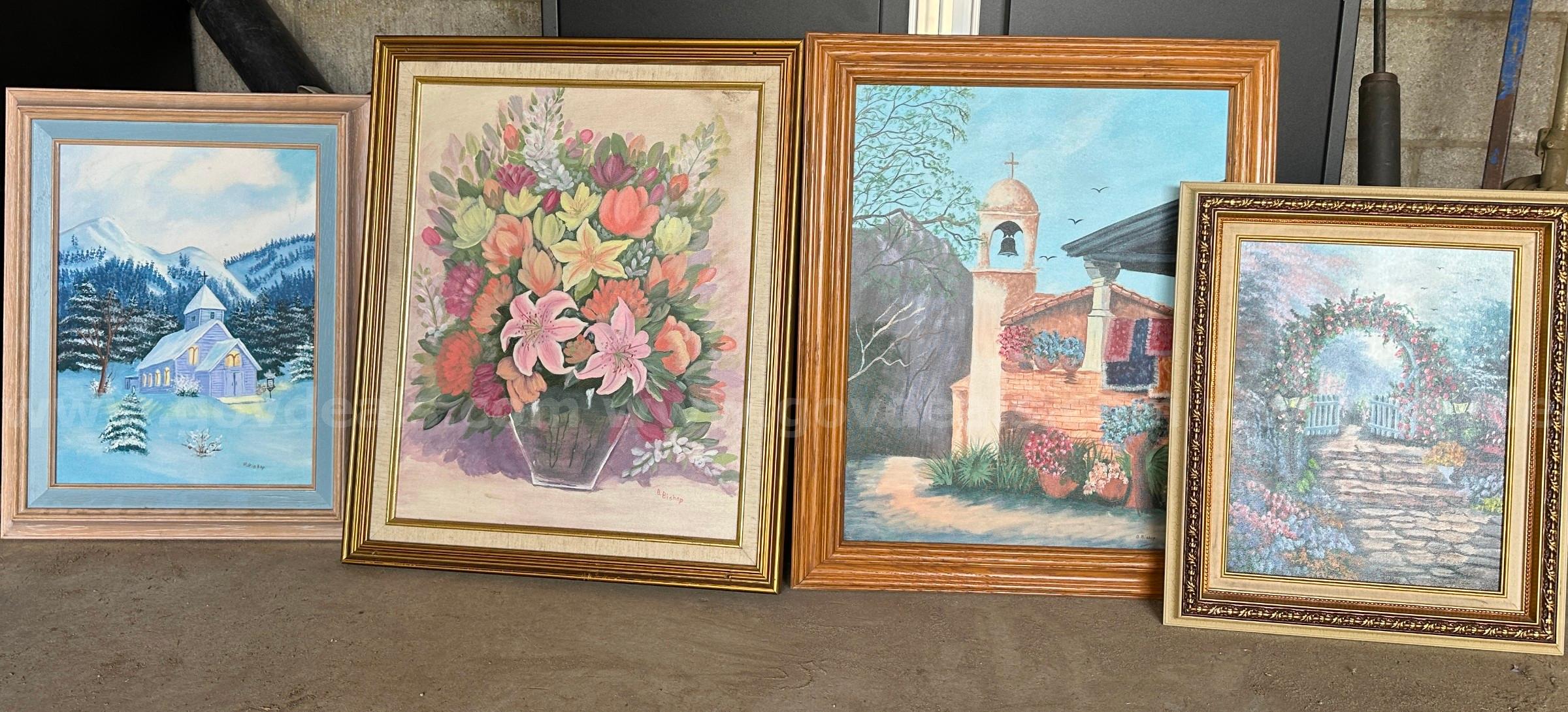 B. Bishop Canvas Paintings: 4 framed canvas paintings of varying sizes.