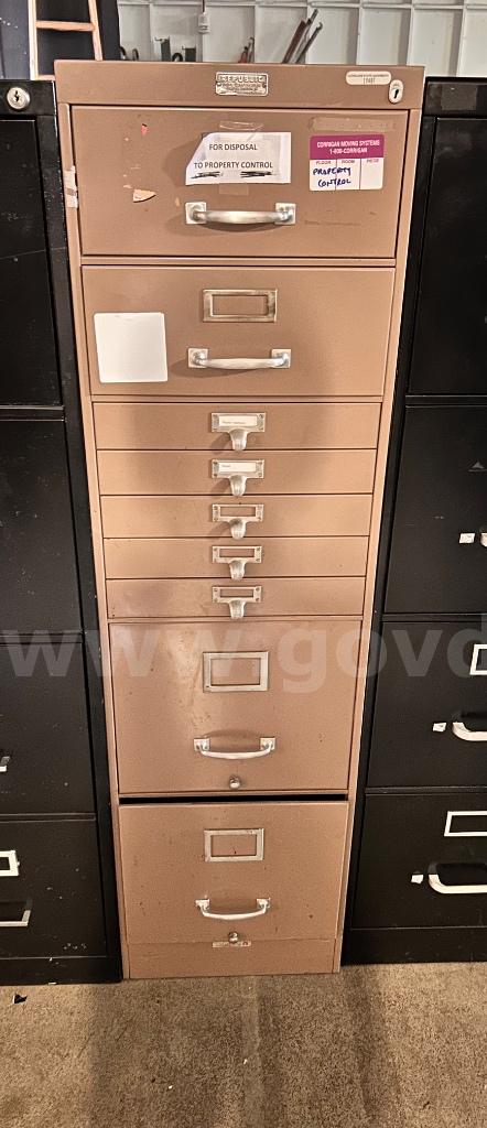 Republic Tan Vertical Steel File Cabinet with Card Drawers   Government Surplus Auction - Primary Photo