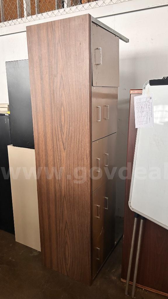 Tall Wood Laminate 5-Drawer Vertical Filing Cabinet   Government Surplus Auction - Primary Photo