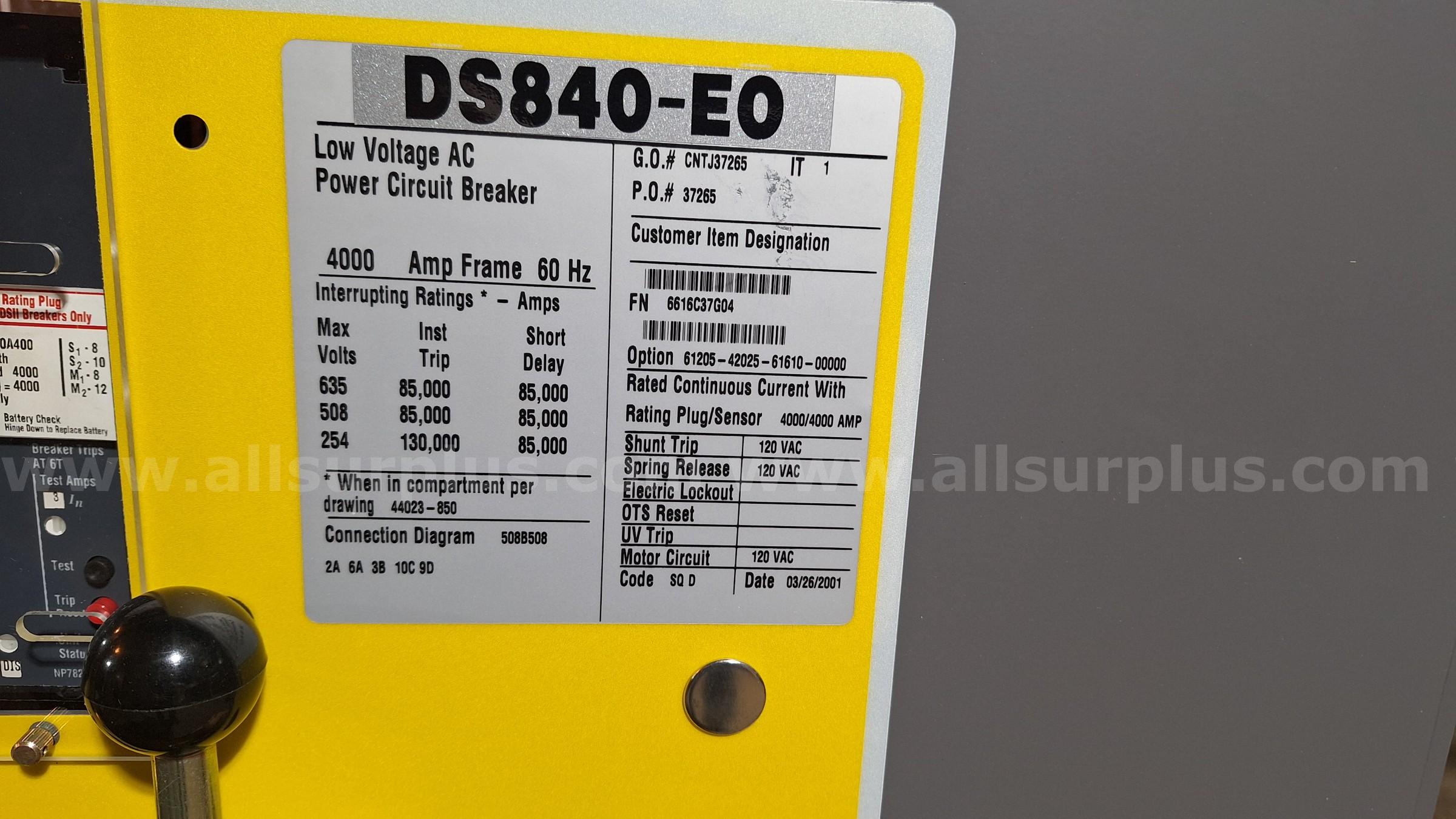 Square D DS840-EO Low Voltage AC Power Circuit Breaker 4000 Amp Digitrip RMS510 Square D DS840 Government Surplus Auction - Photo #2