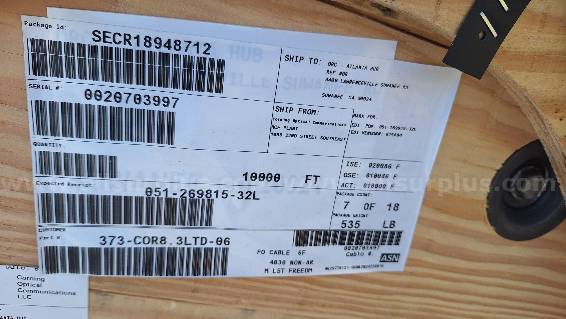 Corning 006ESF-T4101D20 Fiber Riser OS2 Freedm LST Single Tube Gel Free Cable Corning 006ESF Government Surplus Auction - Photo #5