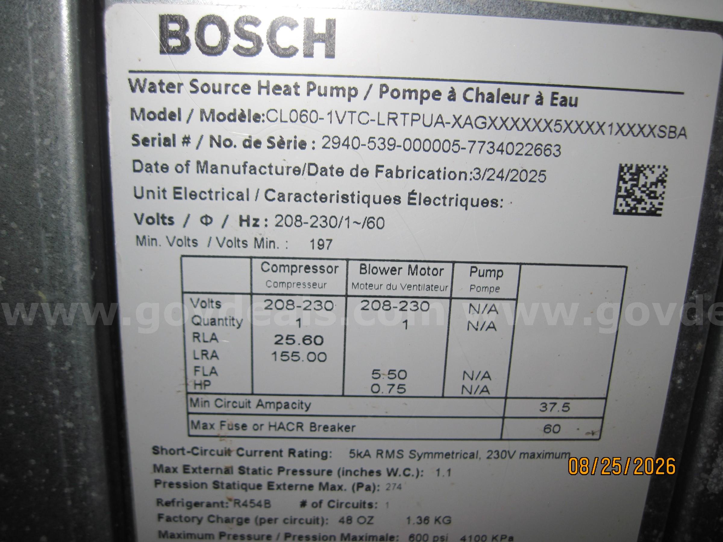 BOSCH WATER SOURCE HEAT PUMP  CL060 Government Surplus Auction - Photo #2
