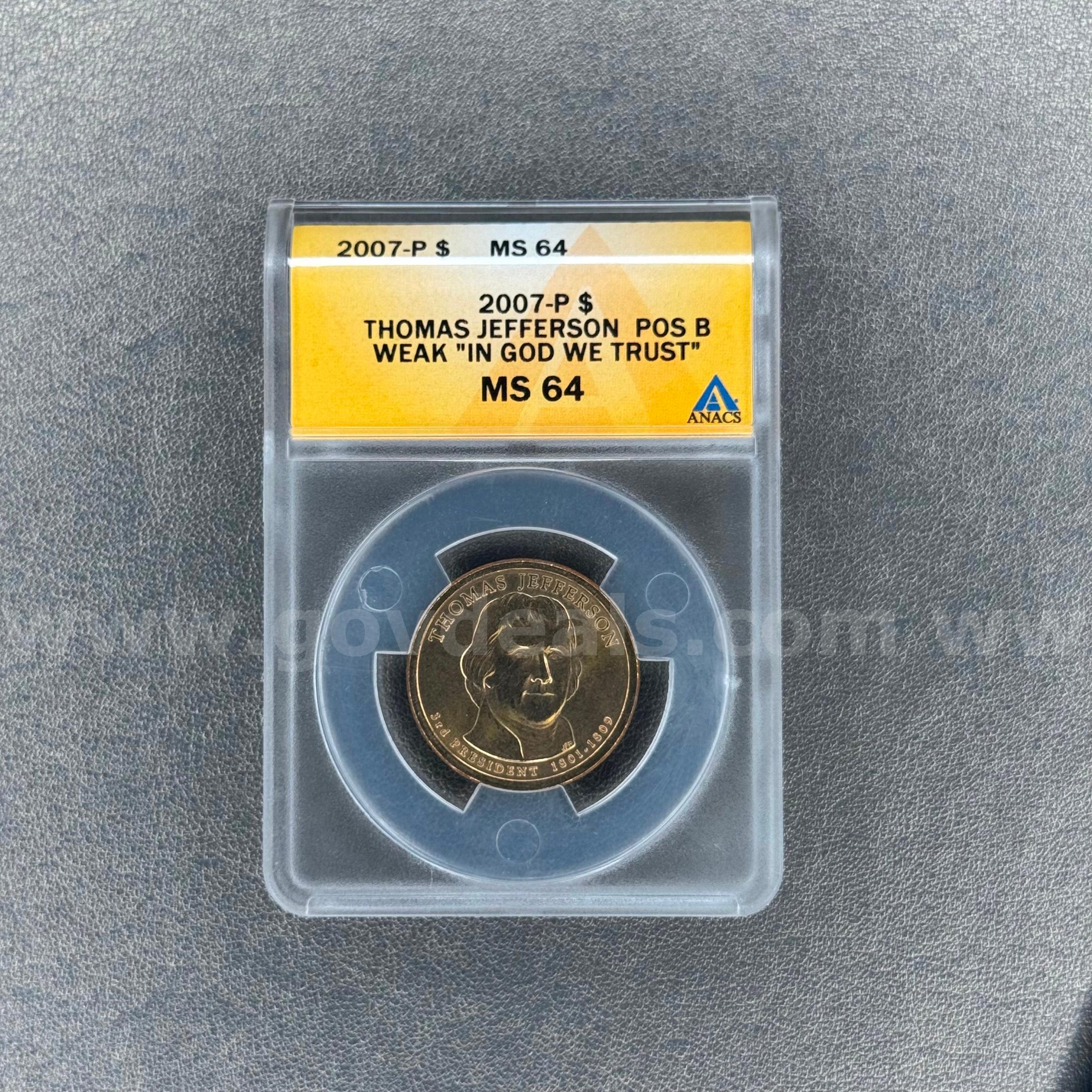 2007-P MS64 Thomas Jefferson Presidential Dollar   Government Surplus Auction - Primary Photo