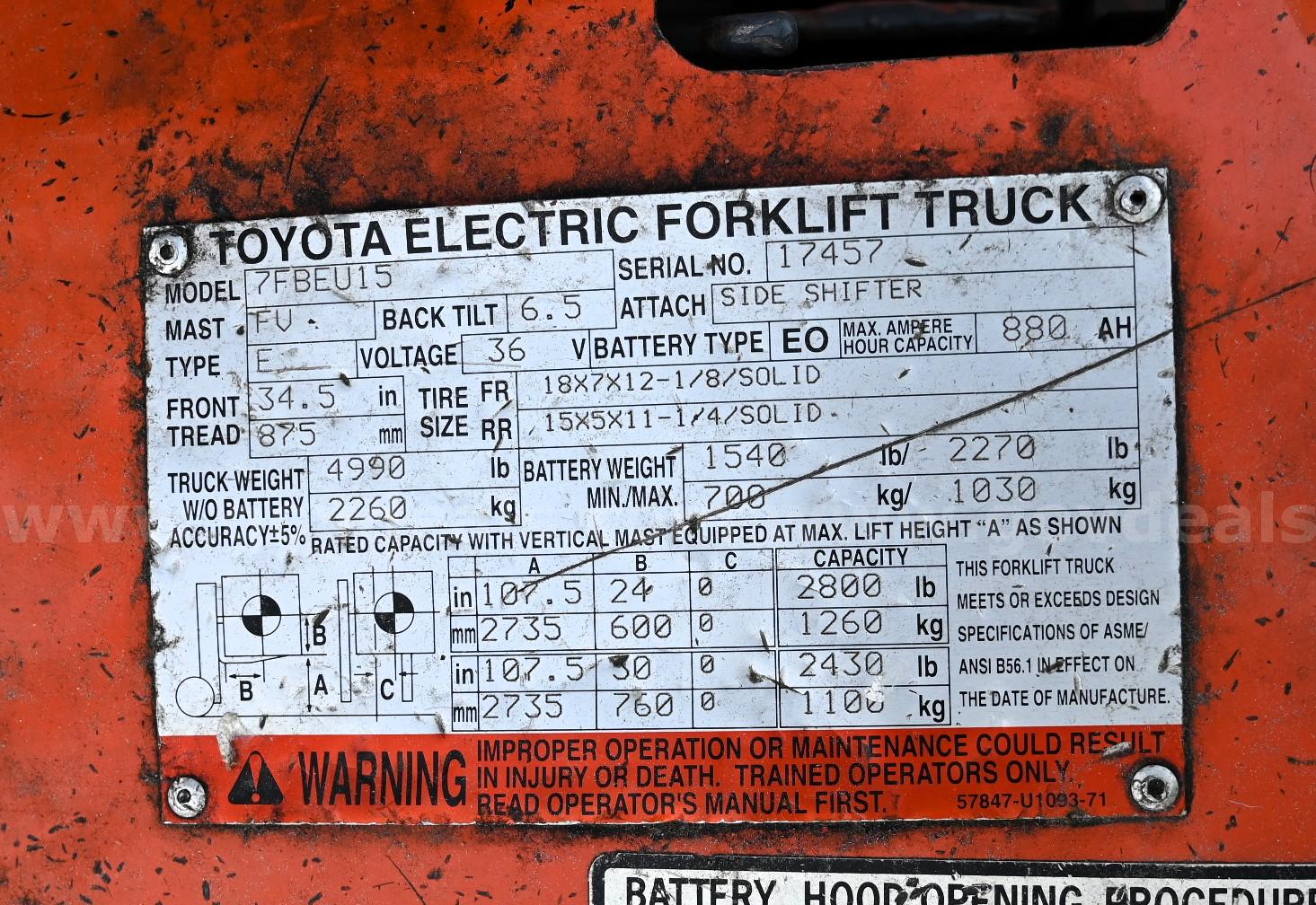 Toyota Electric Forklift Truck Toyota 7FBEU15 Government Surplus Auction - Photo #4