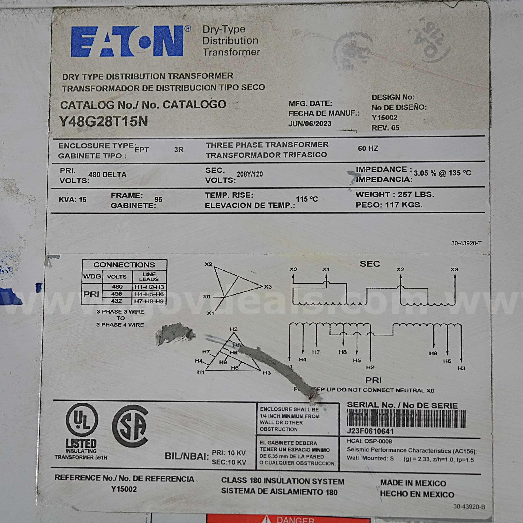 LOT OF (2) Eaton Dry Type Distribution Transformer 15kVA 480v pri 208y/120 2023 Eaton 480v Government Surplus Auction - Photo #6