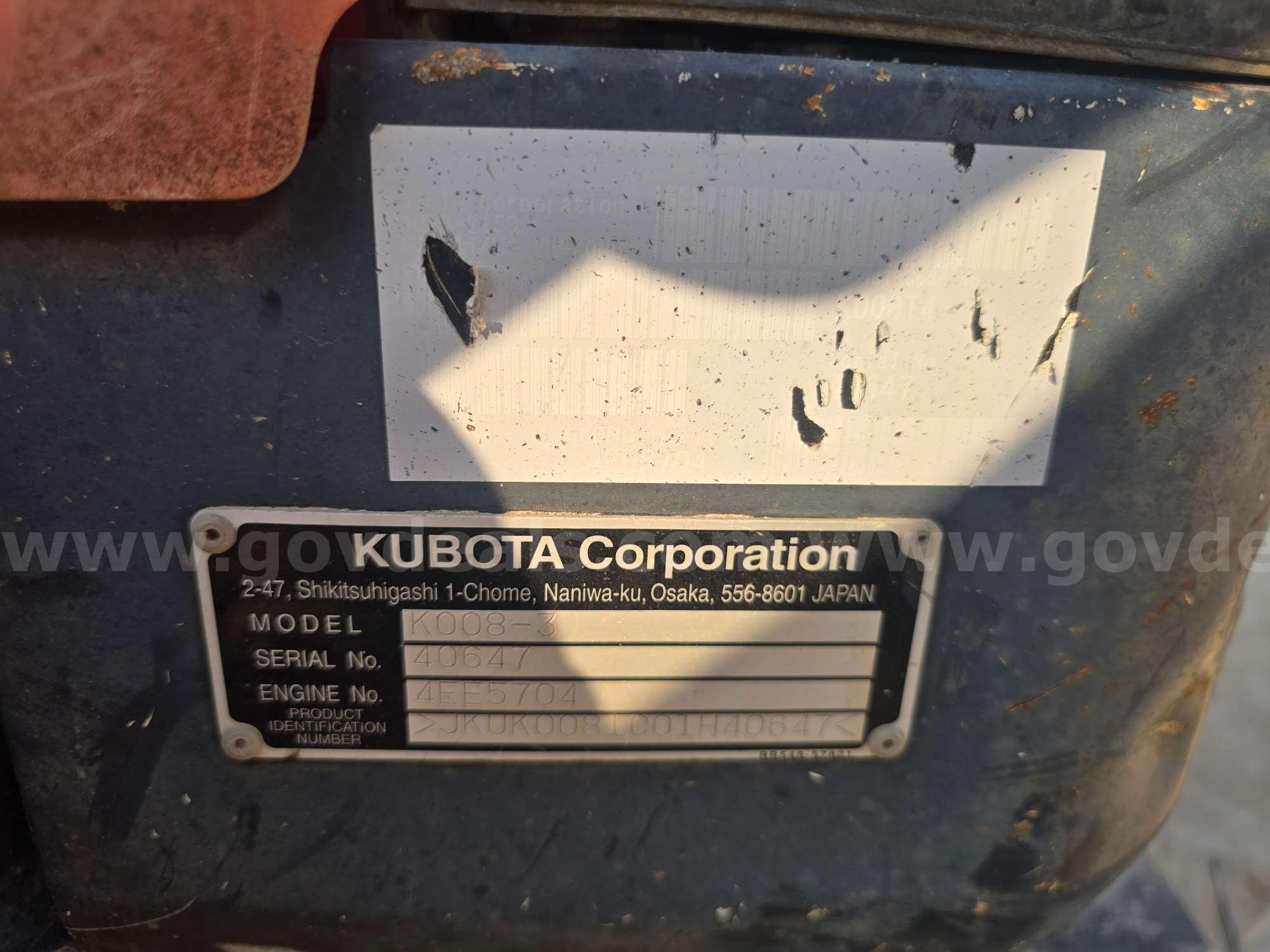 2014 Kubota K008-3 Compact Hydraulic Excavator Kubota K008 Government Surplus Auction - Photo #6