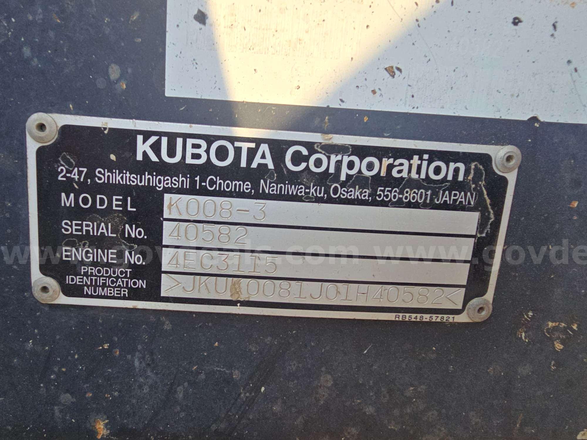 2014 Kubota K008-3 Compact Hydraulic Excavator Kubota K008 Government Surplus Auction - Photo #6