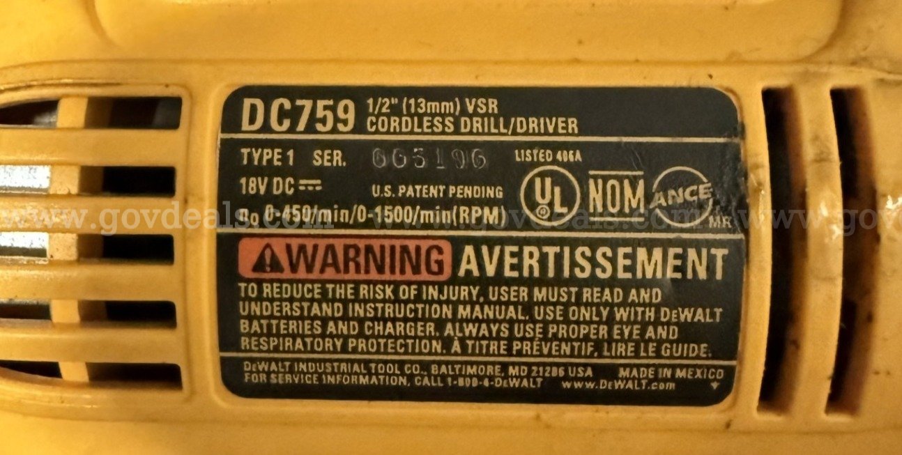 Dewalt cordless drill/driver 1/2 (13mm) VSR Dewalt DC759 Government Surplus Auction - Photo #2
