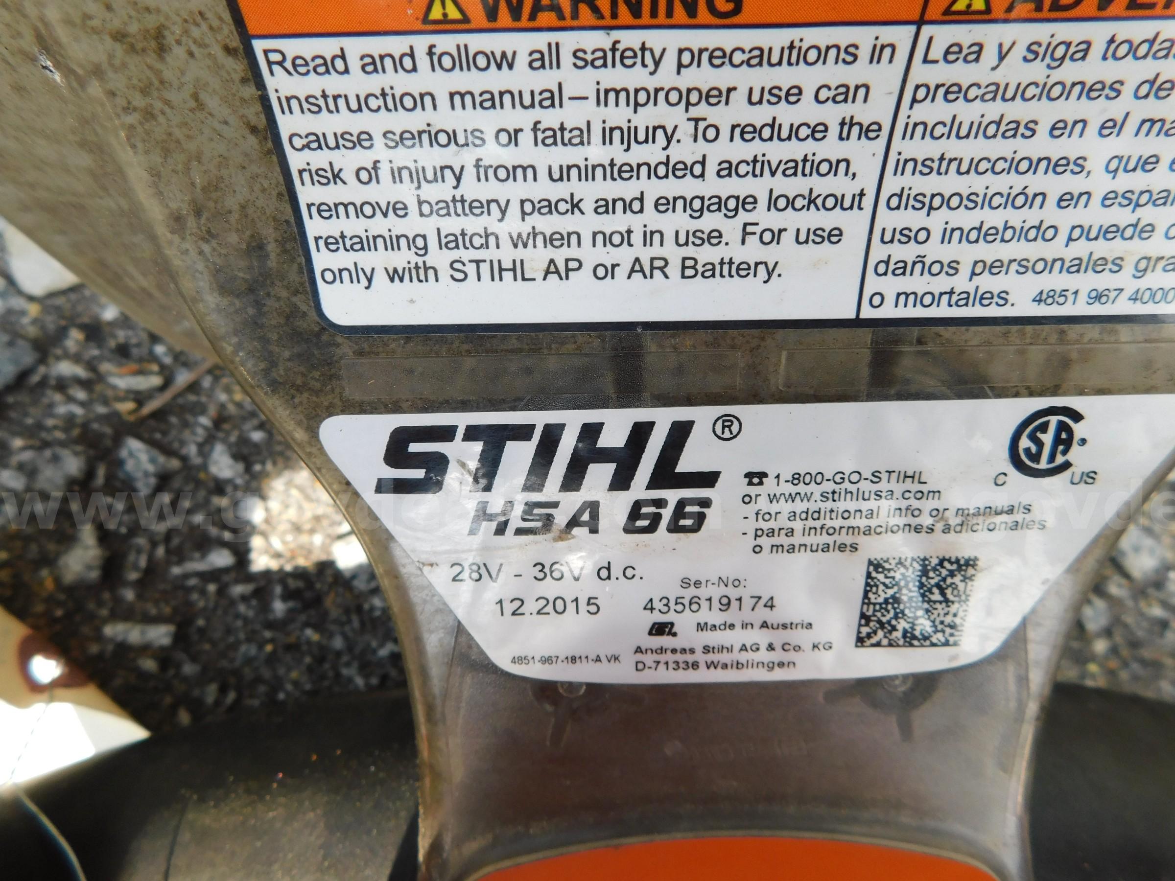 HEDGE TRIMMER, STIHL HSA 66, 2015 BATTERY POWERED STIHL HSA 66 Government Surplus Auction - Photo #3