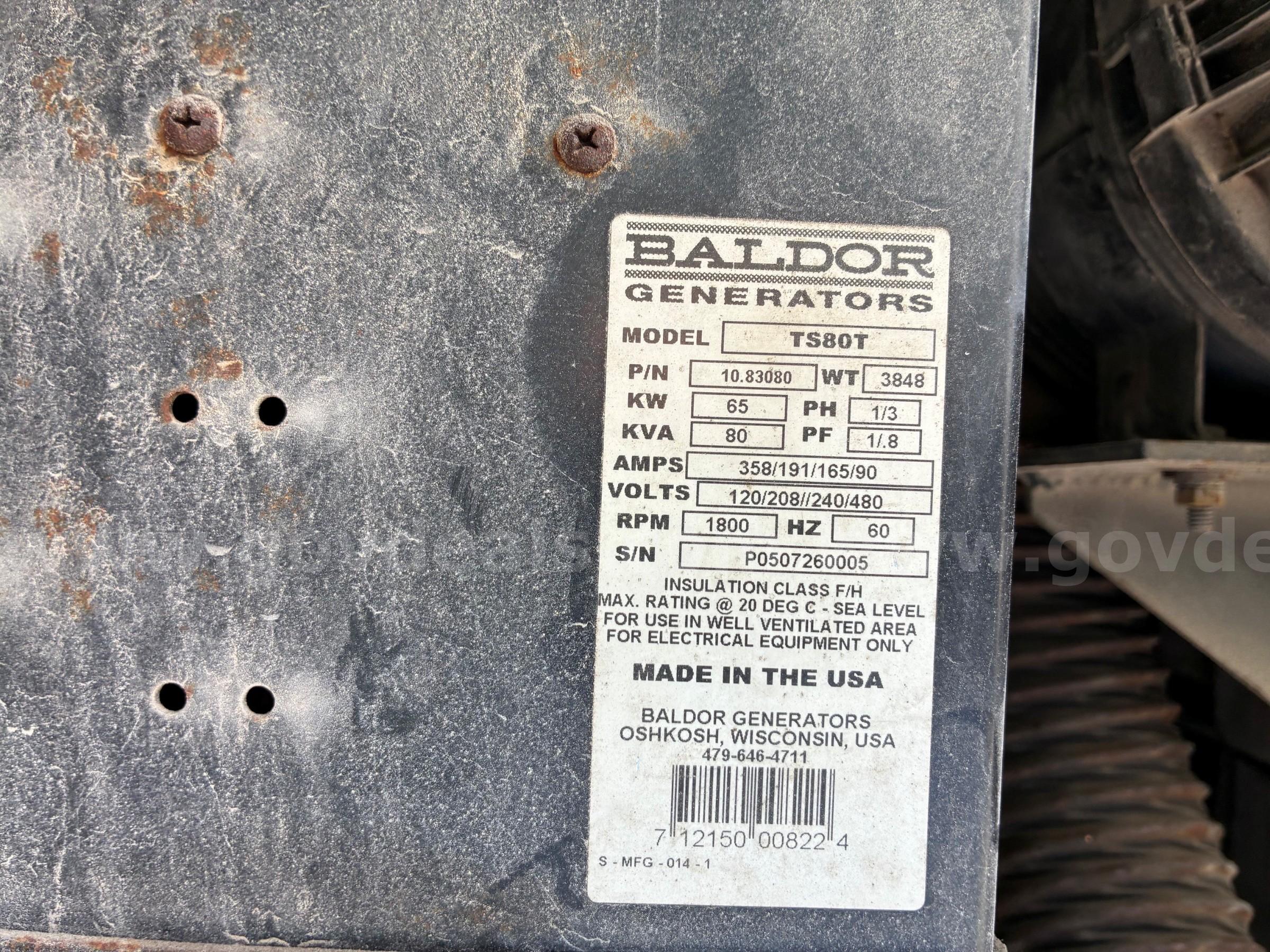 2005 Baldor TS80T Mobile Generator: 65 kW -towable unit powered by a John Deere diesel engin BALDOR TS80D Government Surplus Auction - Photo #5