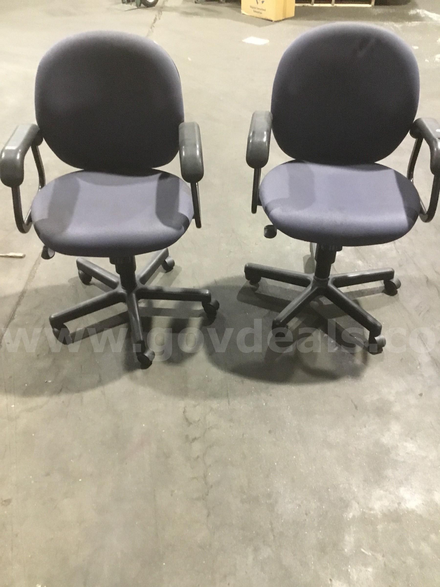 2 midnight blue adjustable chairs; with black padded armrests  "DH"   Government Surplus Auction - Primary Photo