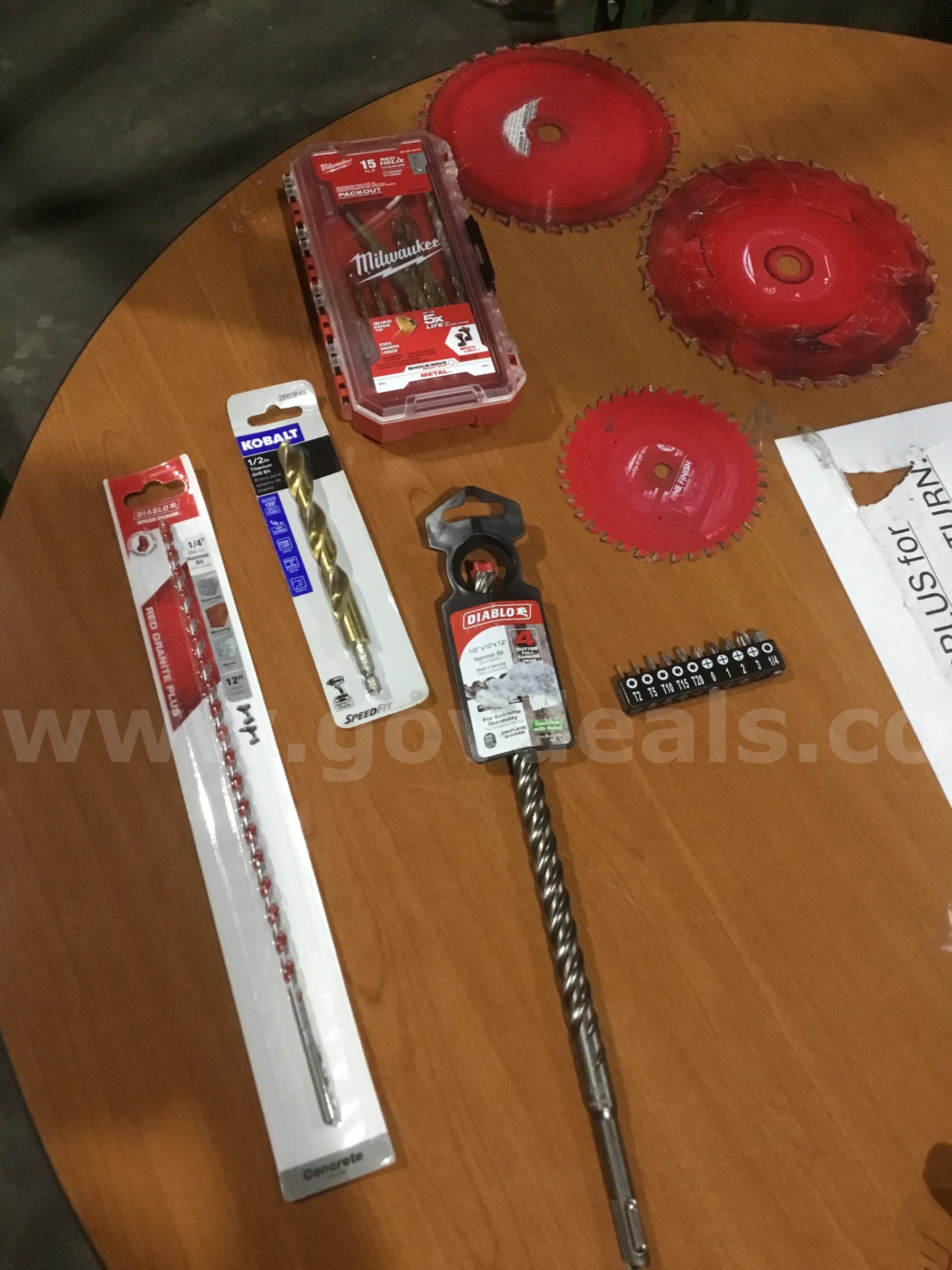 Box of misc drill bits & red diamond cut blades  "DH"   Government Surplus Auction - Primary Photo