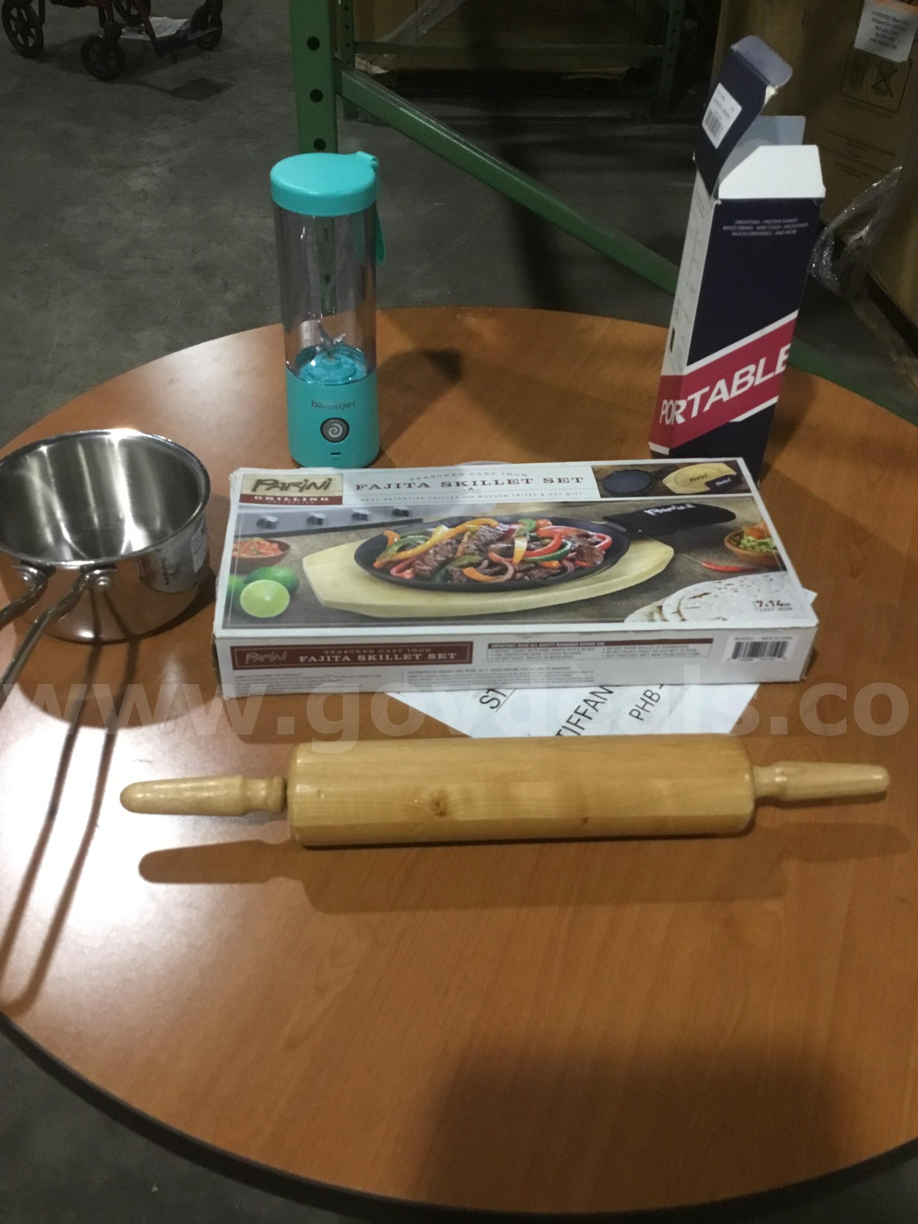 Lot of items-Parini skillet, light oak food rolling pin, teal green portable blenders  "DH"