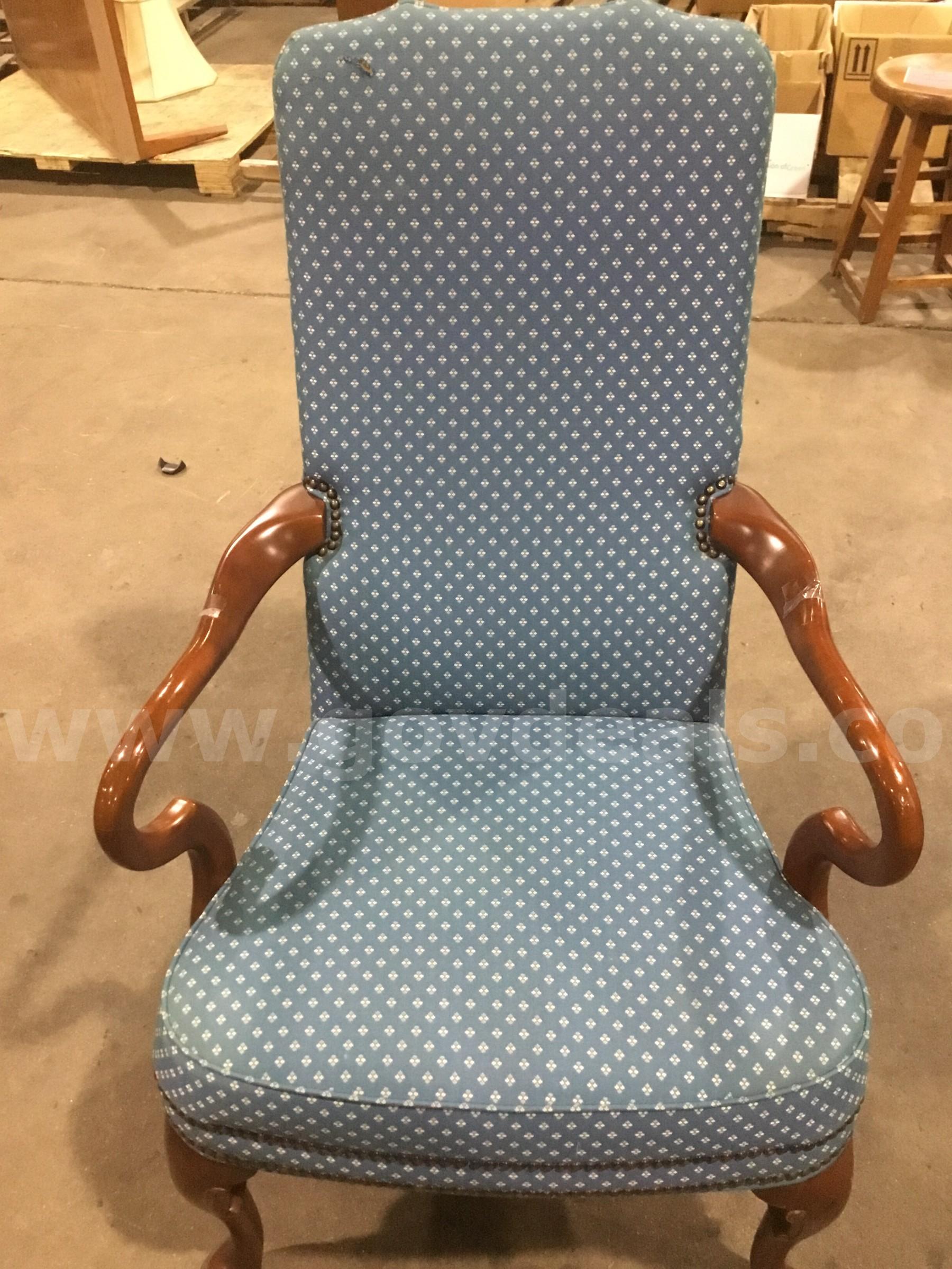 Blue chair; with dark brown hardwood armrests  "DH"   Government Surplus Auction - Primary Photo