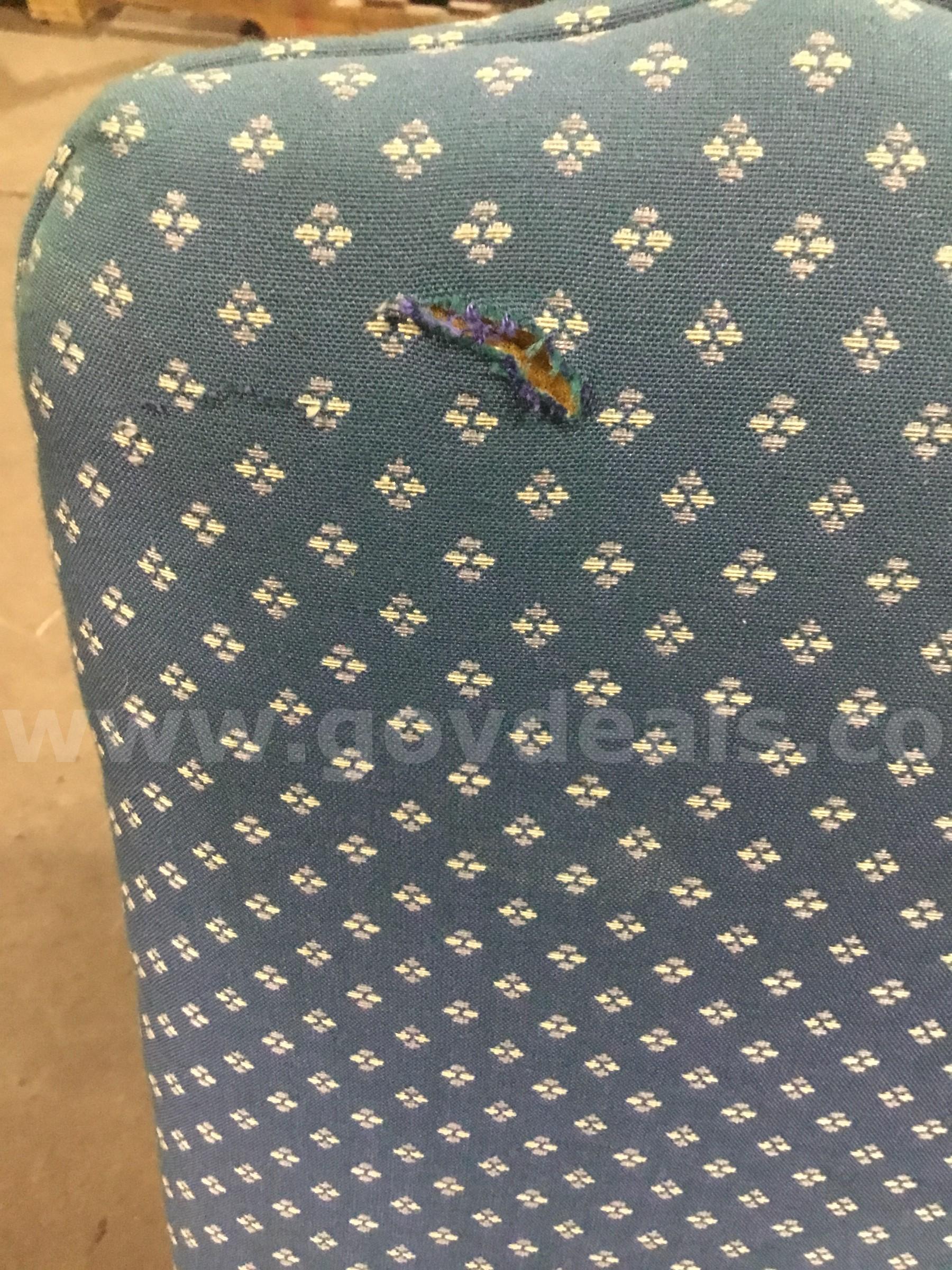 Blue chair; with dark brown hardwood armrests  "DH"   Government Surplus Auction - Photo #2