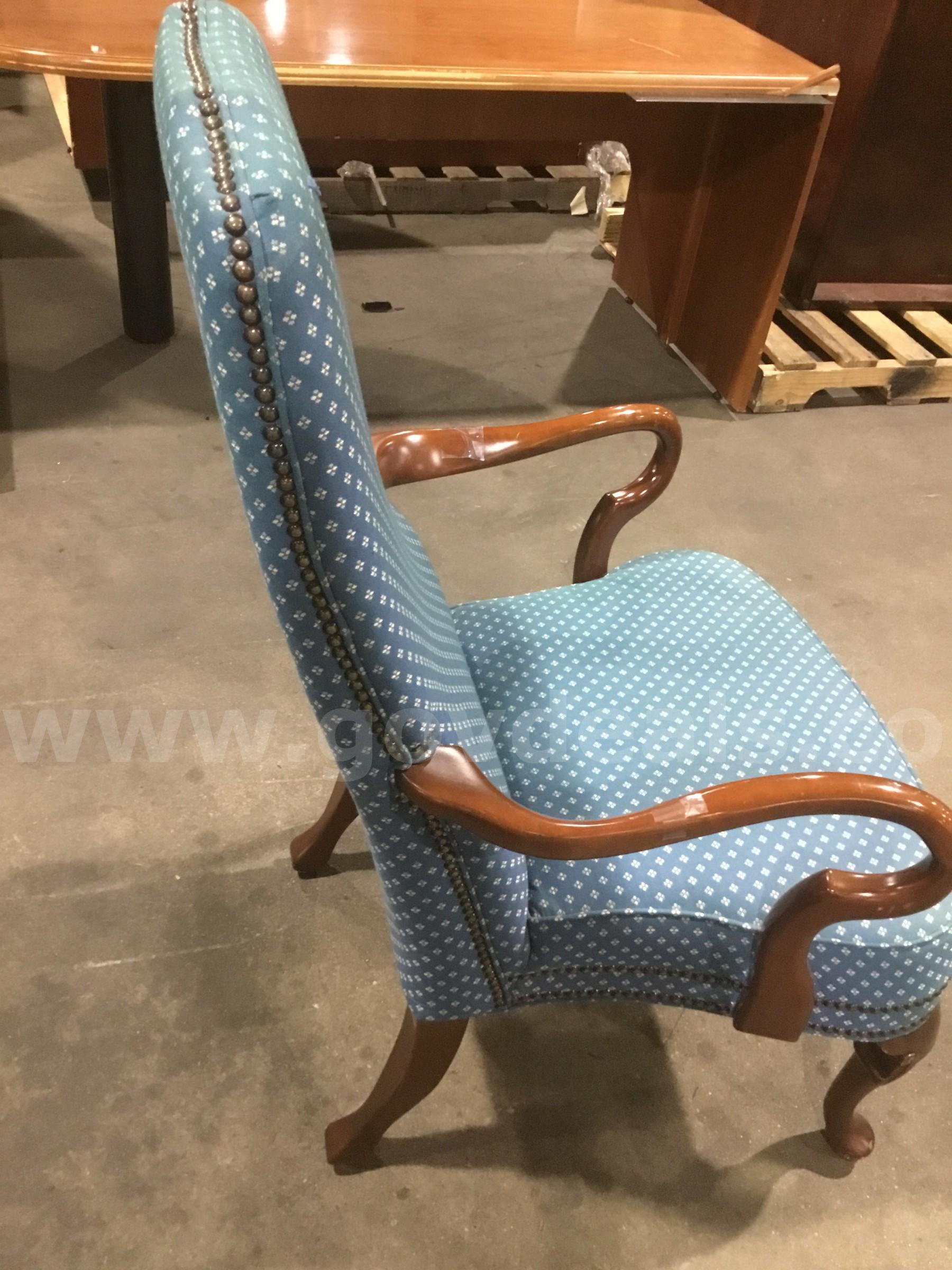 Blue chair; with dark brown hardwood armrests  "DH"   Government Surplus Auction - Photo #3