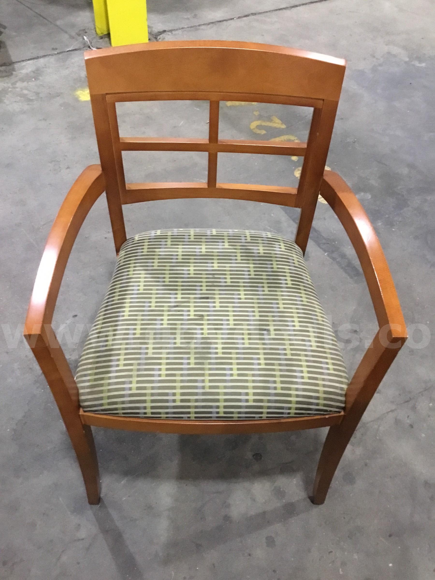Green seat cushion chair; with a brown hardwood armrests  "DH"