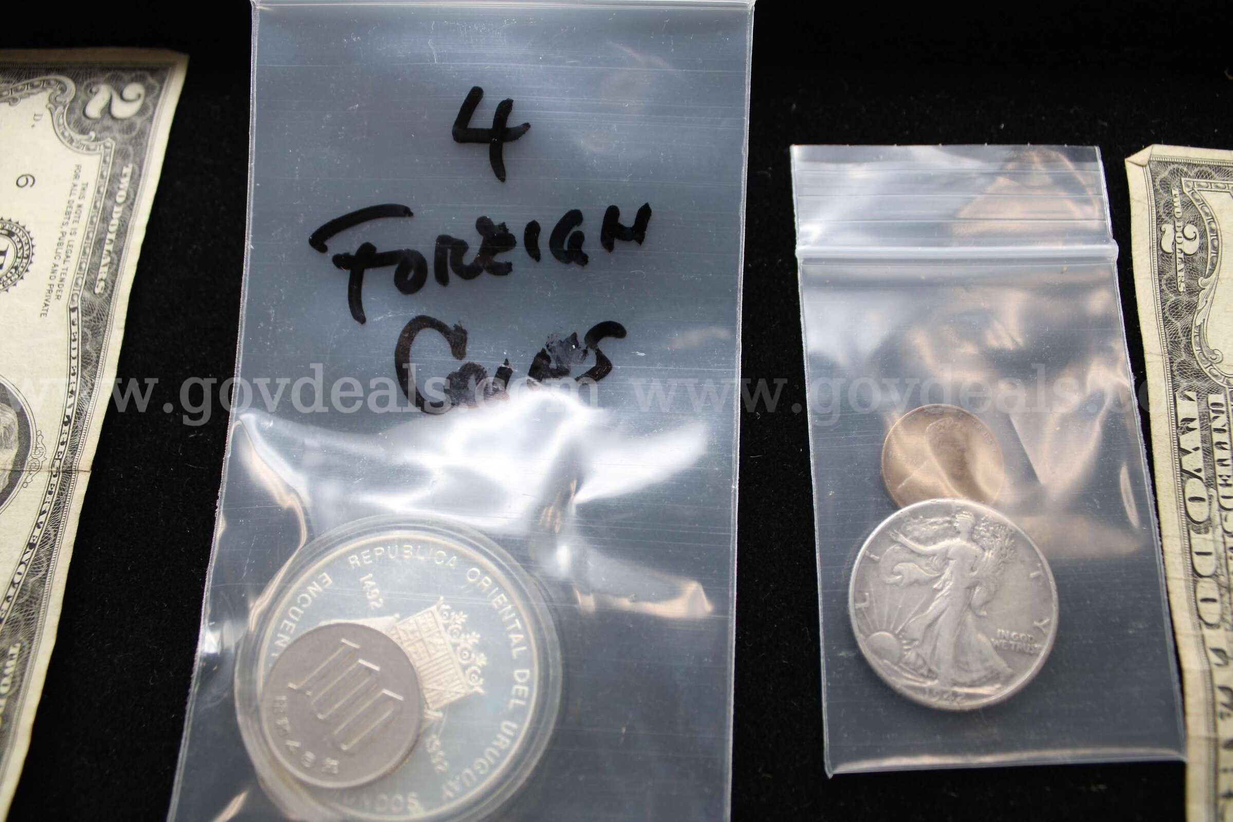 $2.00 Bill (4)  Half Dollar (1)  Penny (1) Foreign Coin (4)   Government Surplus Auction - Photo #2