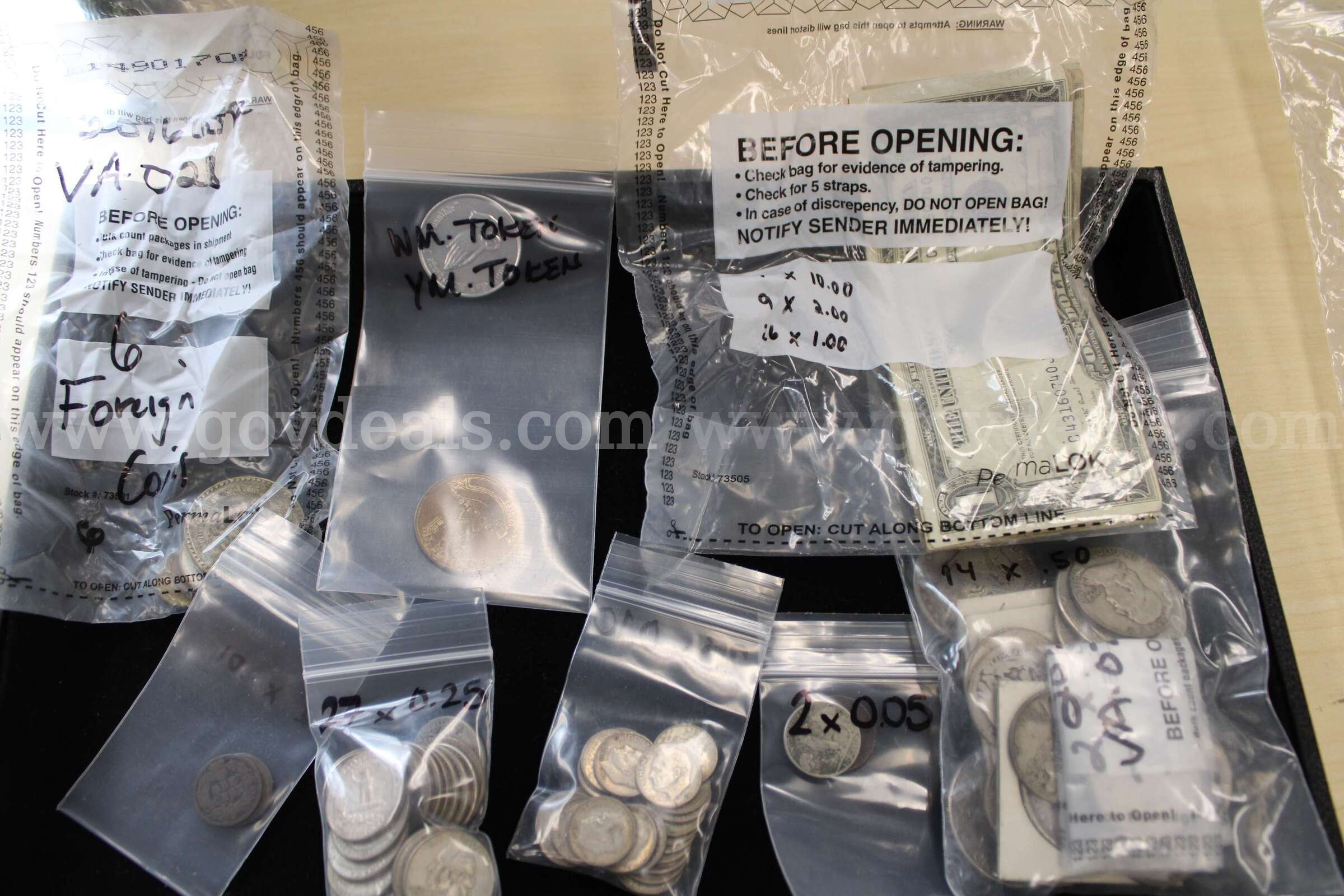 FOREIGN COINS (6); DIMES (25); QUARTER (27); PENNY (2); $1 COIN (11); HALF $ (14   Government Surplus Auction - Primary Photo