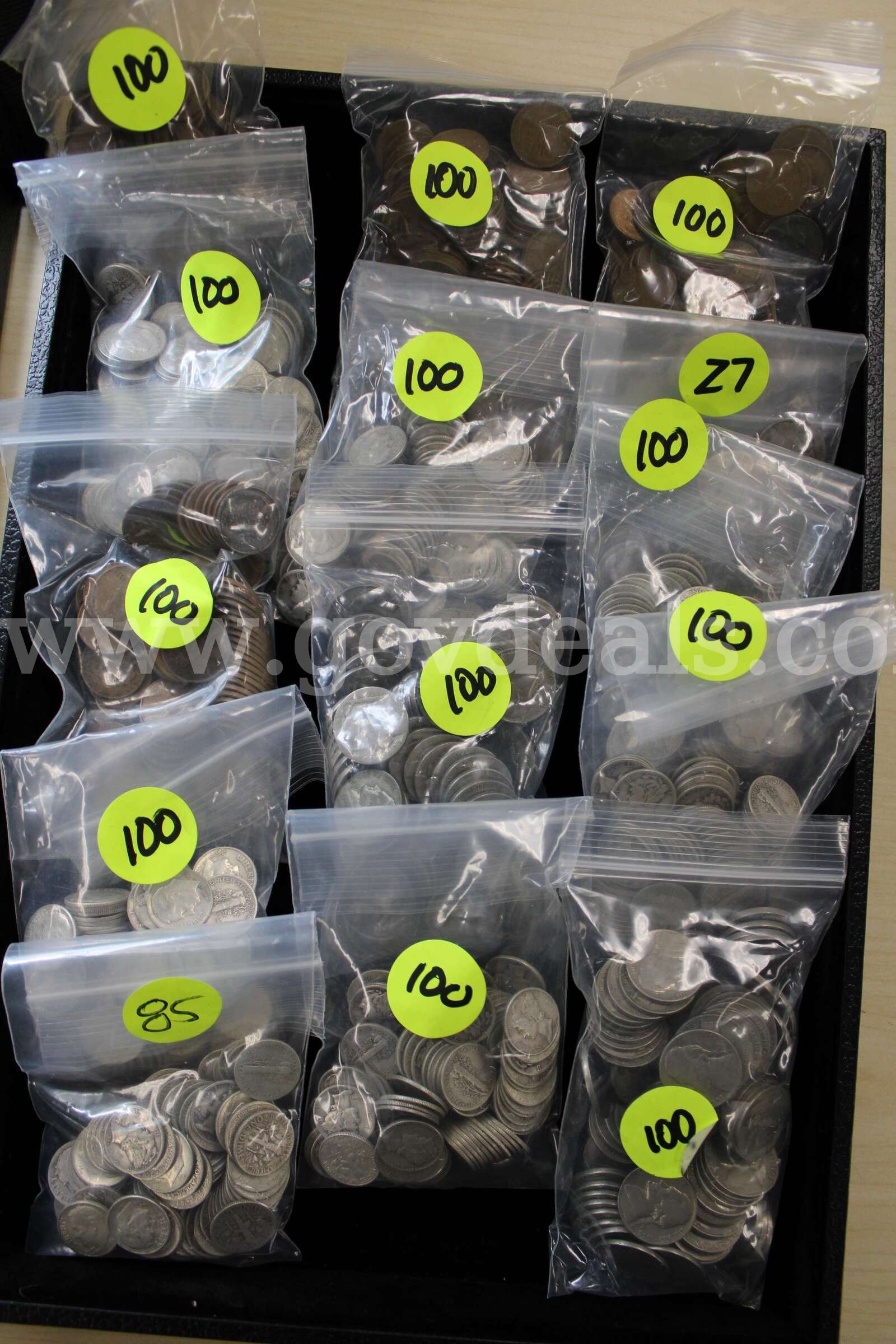PENNY (405); HALF $ (5); DIMES (682); NICKELS (227); QUARTERS (88); FOREIGN COIN  405 Government Surplus Auction - Photo #2