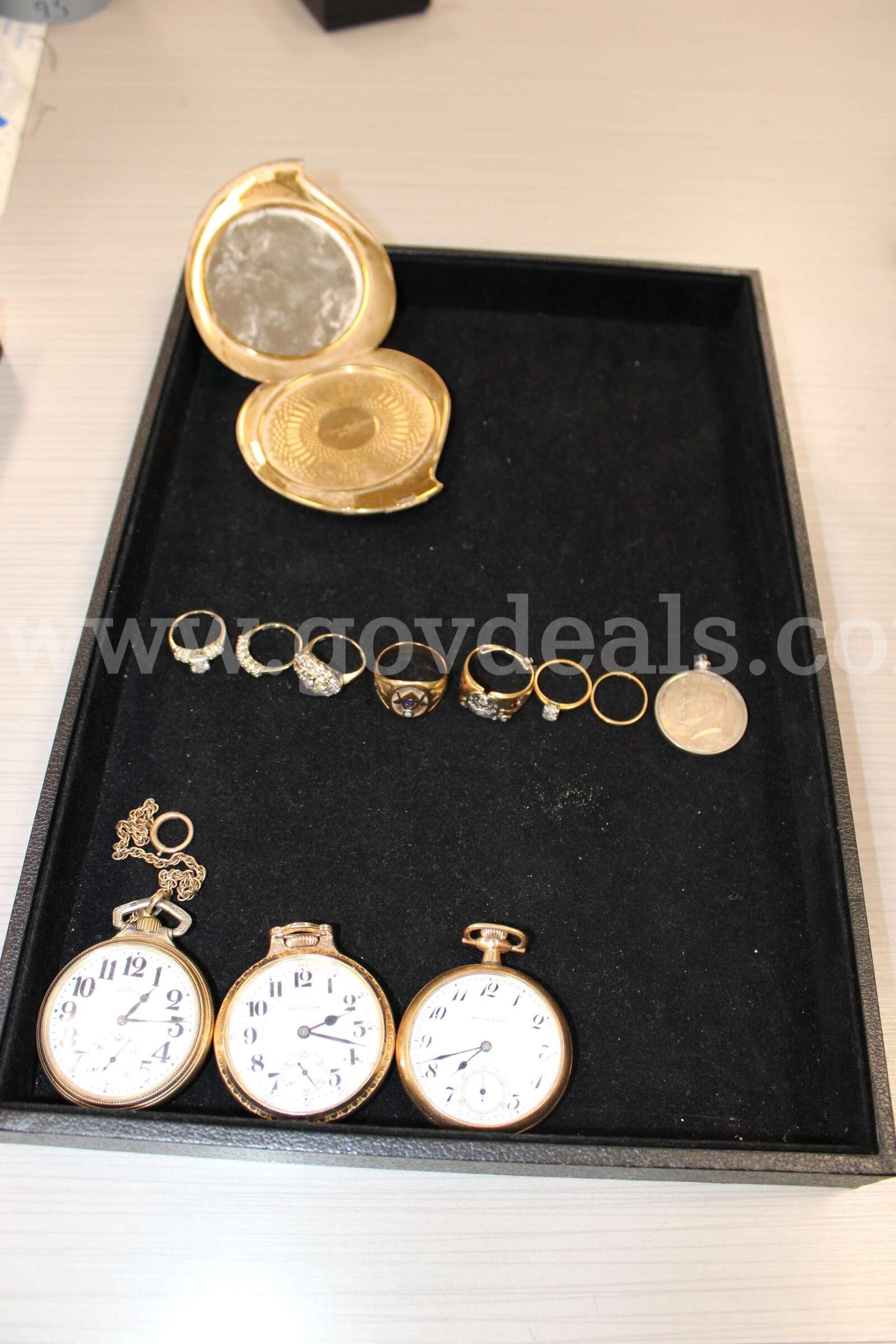 POCKET WATCH (3); RINGS (7); LOOSE STONE (1); CHARM WITH COIN (1); MIRROR (1)   Government Surplus Auction - Photo #2