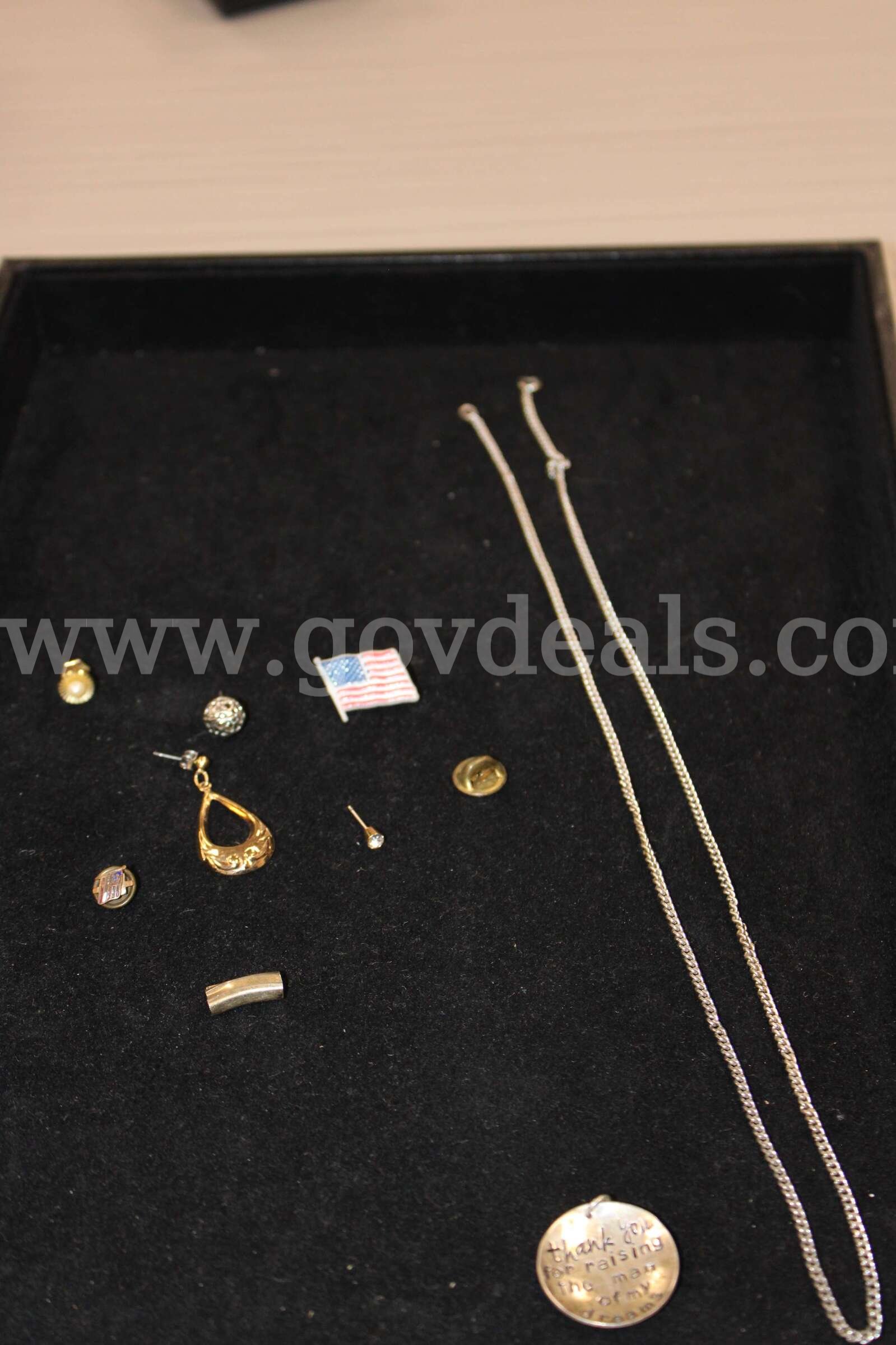 SILVER CHAIN, GOLD DANGLE EARRING, SILVER CHARM W/VERSE, FLAG PIN, SILVER BALL E   Government Surplus Auction - Primary Photo
