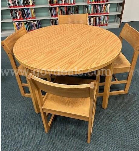 6 - Wooden 4ft across center Round Tables with 20 - Wooden Chairs