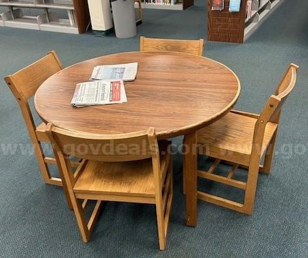 6 - Wooden 4ft across center Round Tables with 20 - Wooden Chairs   Government Surplus Auction - Photo #2