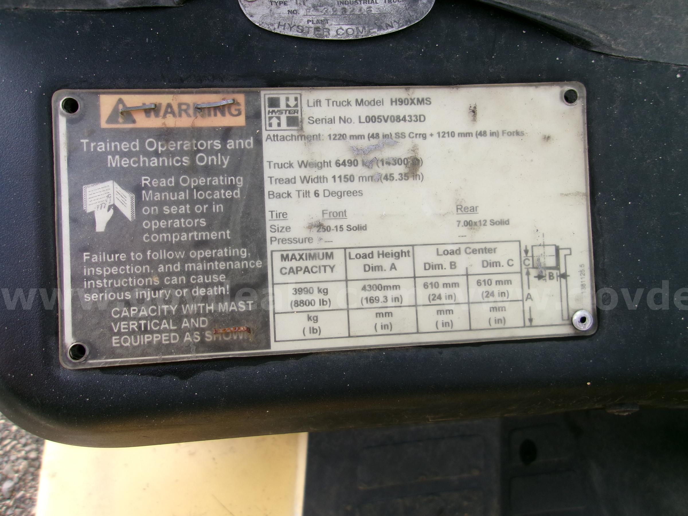 Forklift Hyster H90XMS 8800Lb Cap. Hyster 8800Lb Government Surplus Auction - Photo #5