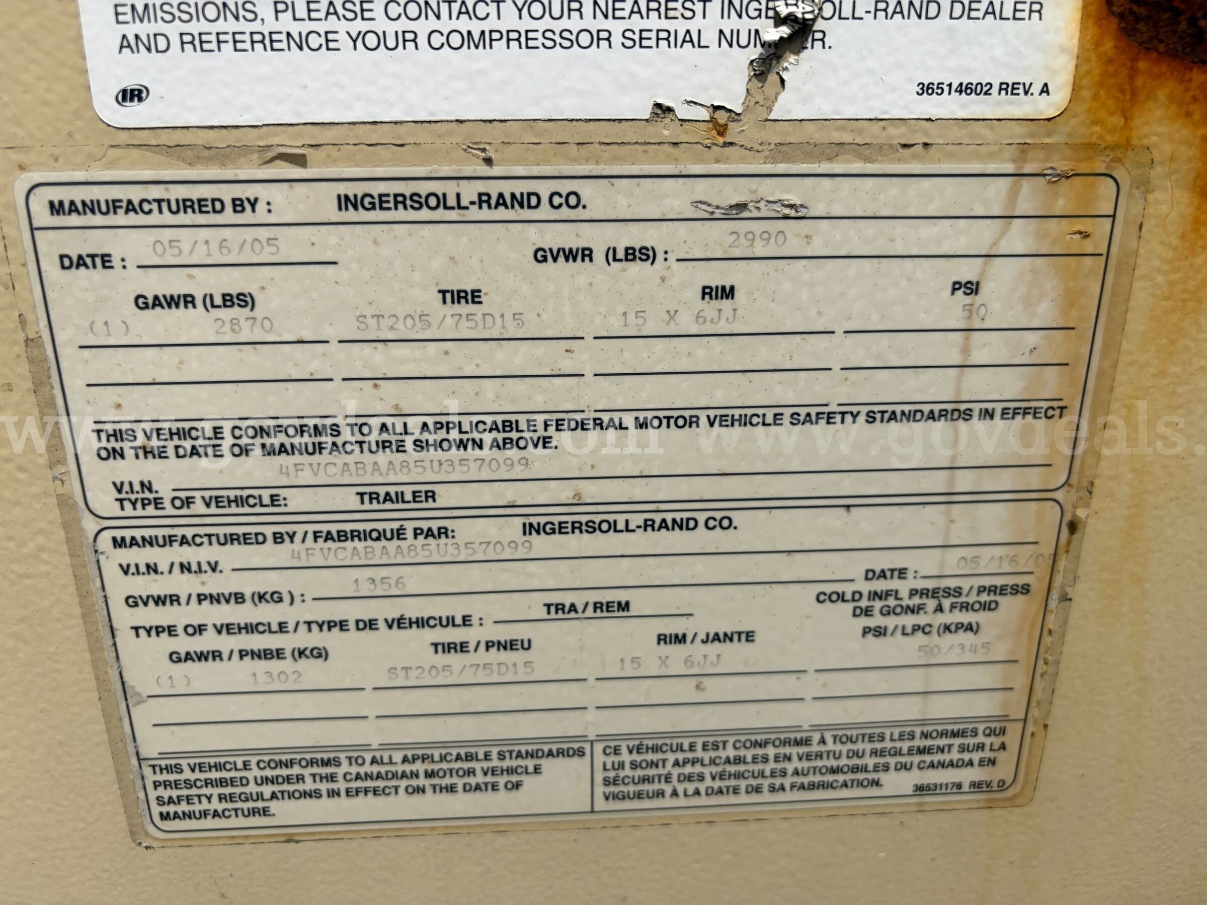 Ingersoll Rand Trailer Compressor John Deere/4024T Ingersoll Rand 4024T Government Surplus Auction - Photo #3