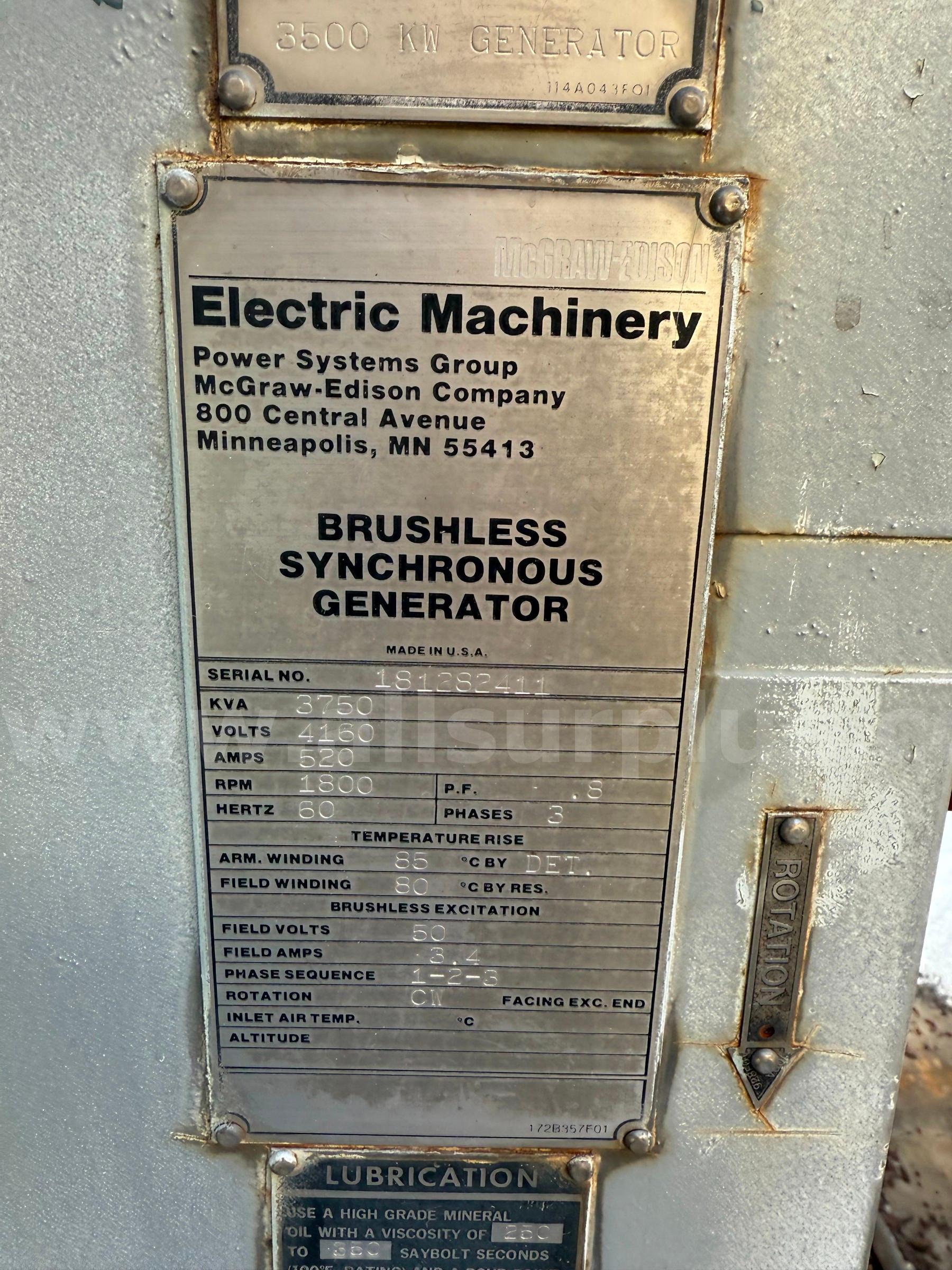 Generator, Steam Turbine, Electric Machinery, 3750Kva, 4160V, 520amps, 1800rpm, 60hz  3750Kva Government Surplus Auction - Photo #9