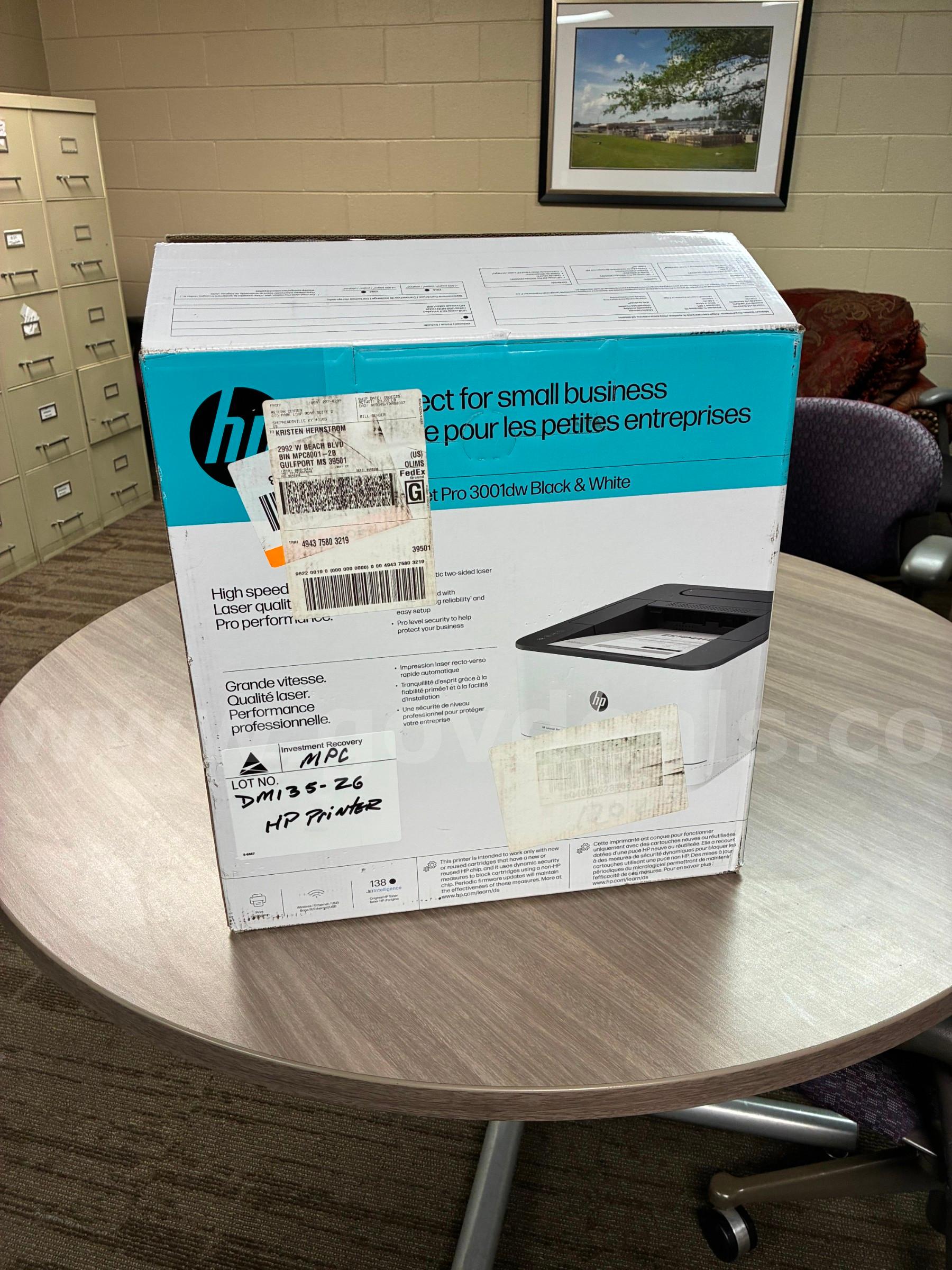 HP LaserJet Pro 3001dw Wireless Monochrome Laser Printer w/ Original Box  HP LaserJet Pro 3001dw Black & White Wireless HP 3001dw Government Surplus Auction - Primary Photo