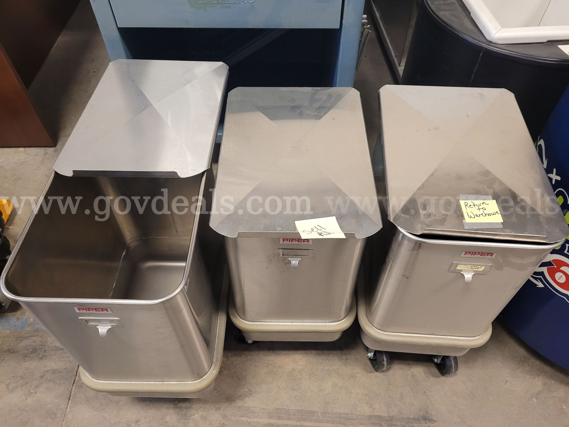 Lot of 3 Piper Stainless Steel Rolling Ingredient Bins